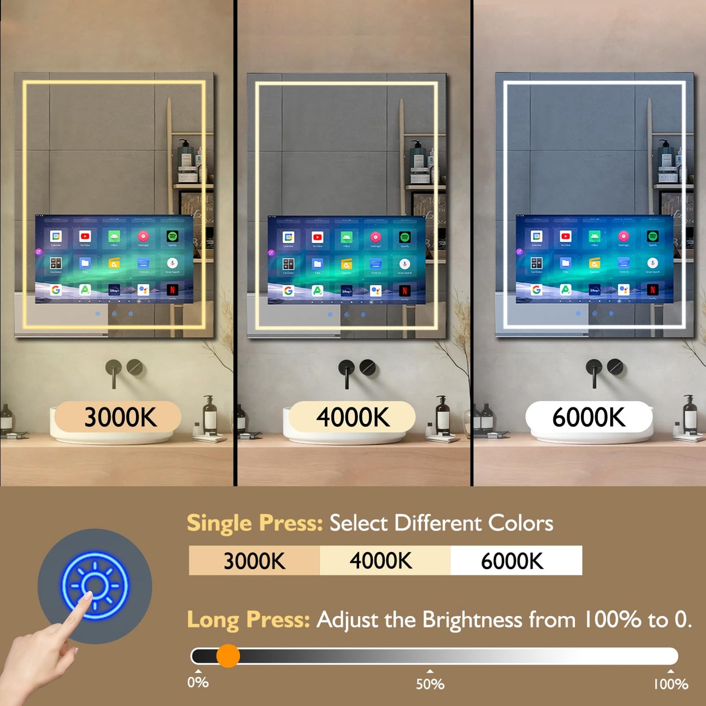 Haocrown 24x32 Inch LED Smart Bathroom Mirror with 21.5" Hidden Touchscreen, Android System, 3Colors Stepless Adjusted, Built-in Speakers, Clock & Weather, Anti-Fog, WiFi Bluetooth HDMI, Wall Mounted