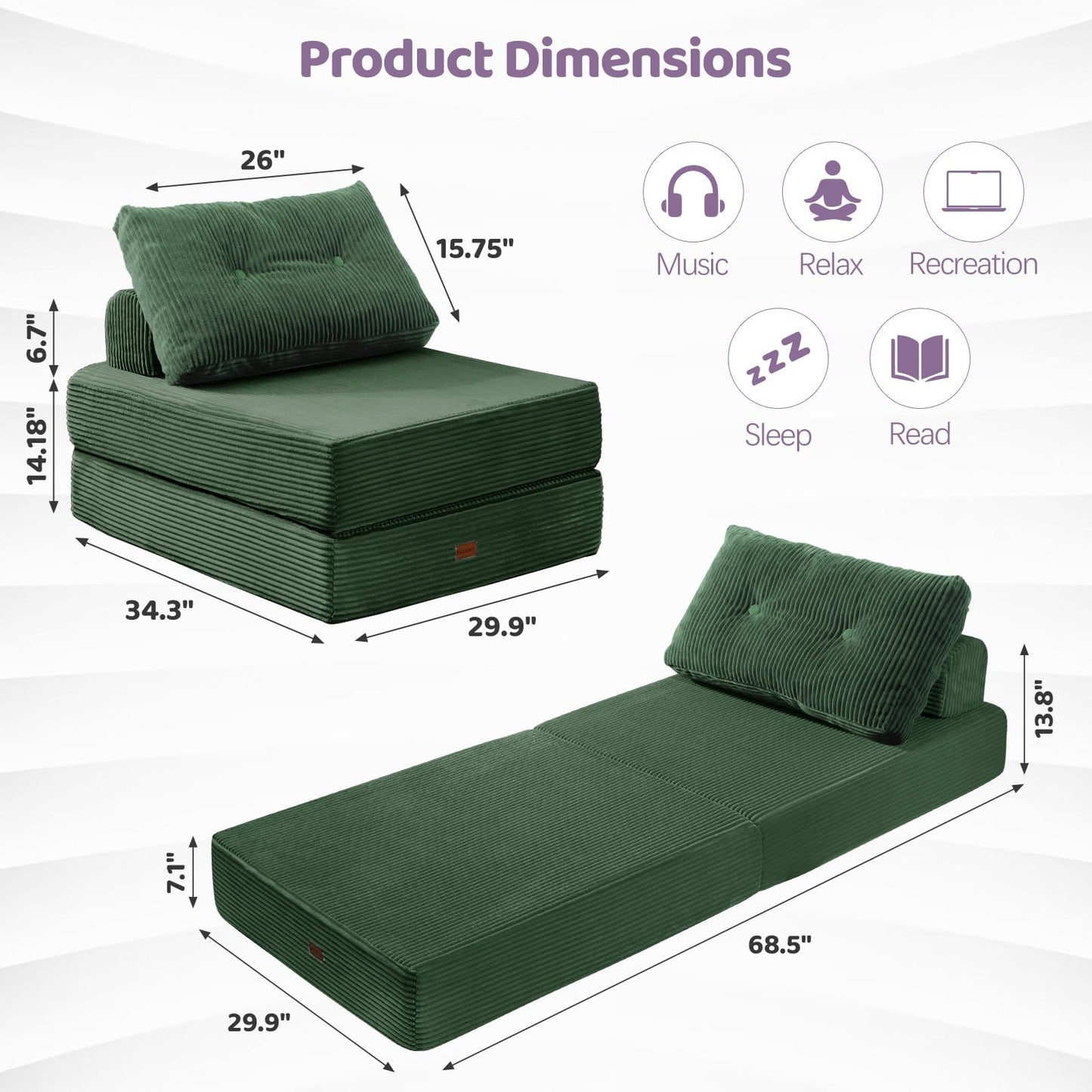 PIASHJOY Folding Sofa Bed,3-in-1 Convertible Sleeper Chair Corduroy High-Density Foam with Pillow,Fold Out Chair Bed,Foldable Single Futon Chair for Living Room、Hotel,Single, Emerald Green