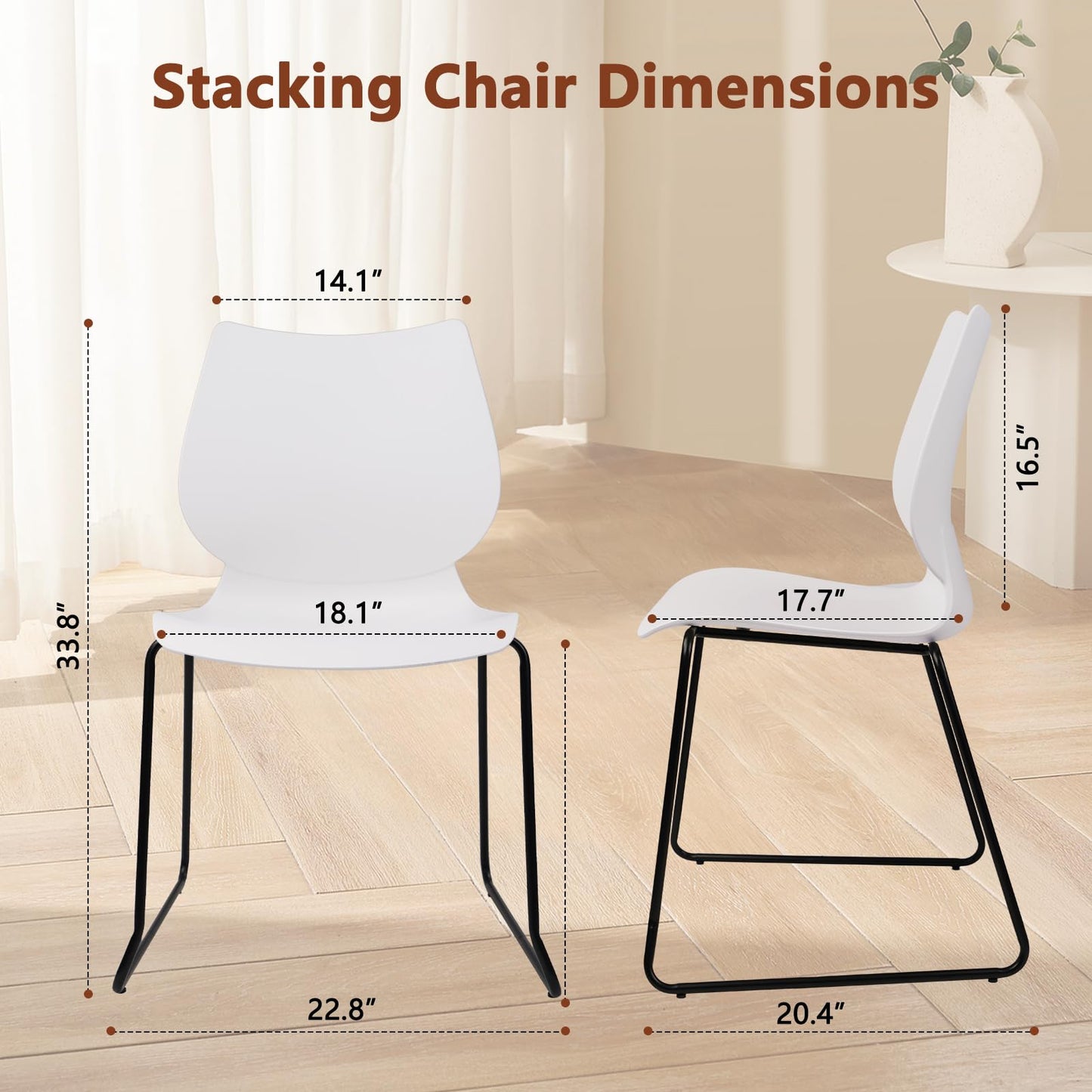 KLASIKA Stackable Waiting Room Chair, Stacking Office Chair with Ergonomic Lumbar Support and Metal Legs, Plastic Desk Chairs for Conference School Church Guest Reception Set of 4, White