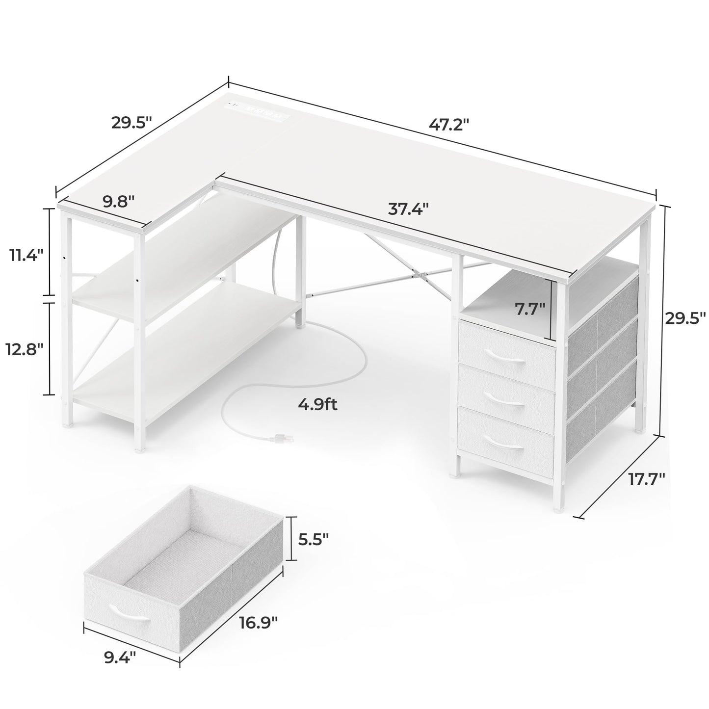 Huuger L Shaped Office Desk with Power Outlets, 47 Inch Computer Desk with 3 Drawers, Shelves, for Gaming, Corner Work, Home Office, Study, White