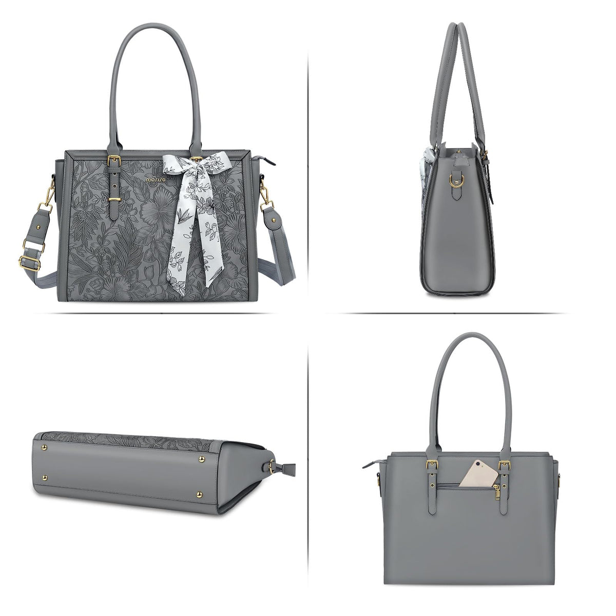 MOSISO Laptop Bag for Women, 17-17.3 inch PU Leather Tote Bag Compatible with MacBook, HP, Dell, Asus Notebook, Front Embossed Retro Hibiscus Computer Bags with Silk Scarf&Clutch Purse, Gray