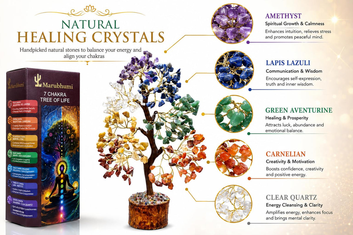 Marubhumi 7 Chakra Healing Crystal Tree Kit – Handmade Gemstone Bonsai Tree for Home Decor, Positive Energy, Feng Shui Good Luck, Money Prosperity Spiritual Gift Set for Women Mom Birthday Meditation