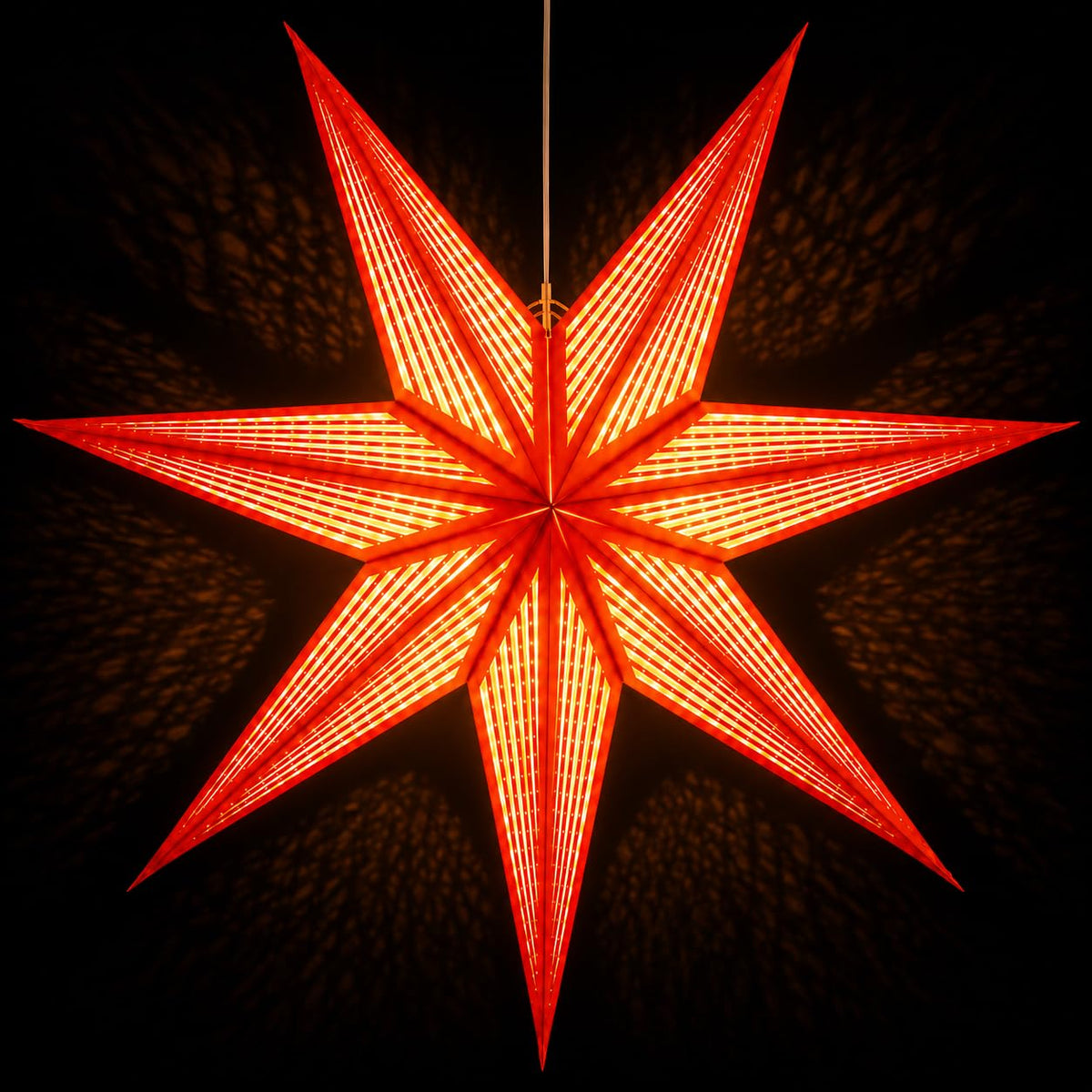 GalaxyArts 7-Point Paper Star Lantern - Striped Cutout Hanging Light Decoration - Foldable Hollow Out Star Lamp Shade for Home, Party, Christmas, Wedding Décor - Indoor/Outdoor 3D Hanging Star(Red)