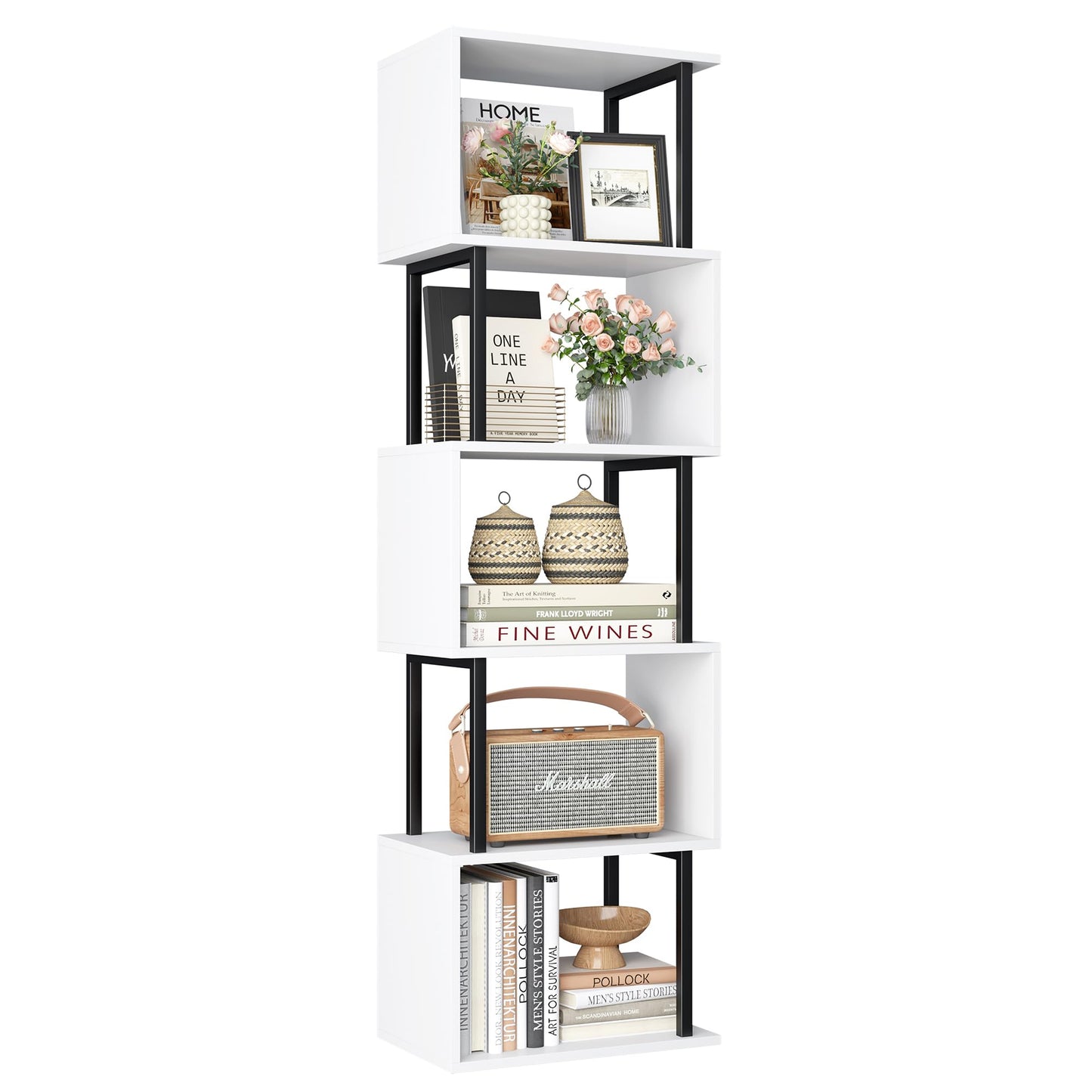 Yusong Bookshelf 5-Tier, Geometric Bookcase S Shaped Book Shelves for Bedroom, Modern Wood Decorative Display Shelf Book Case for Home Office, White and Black