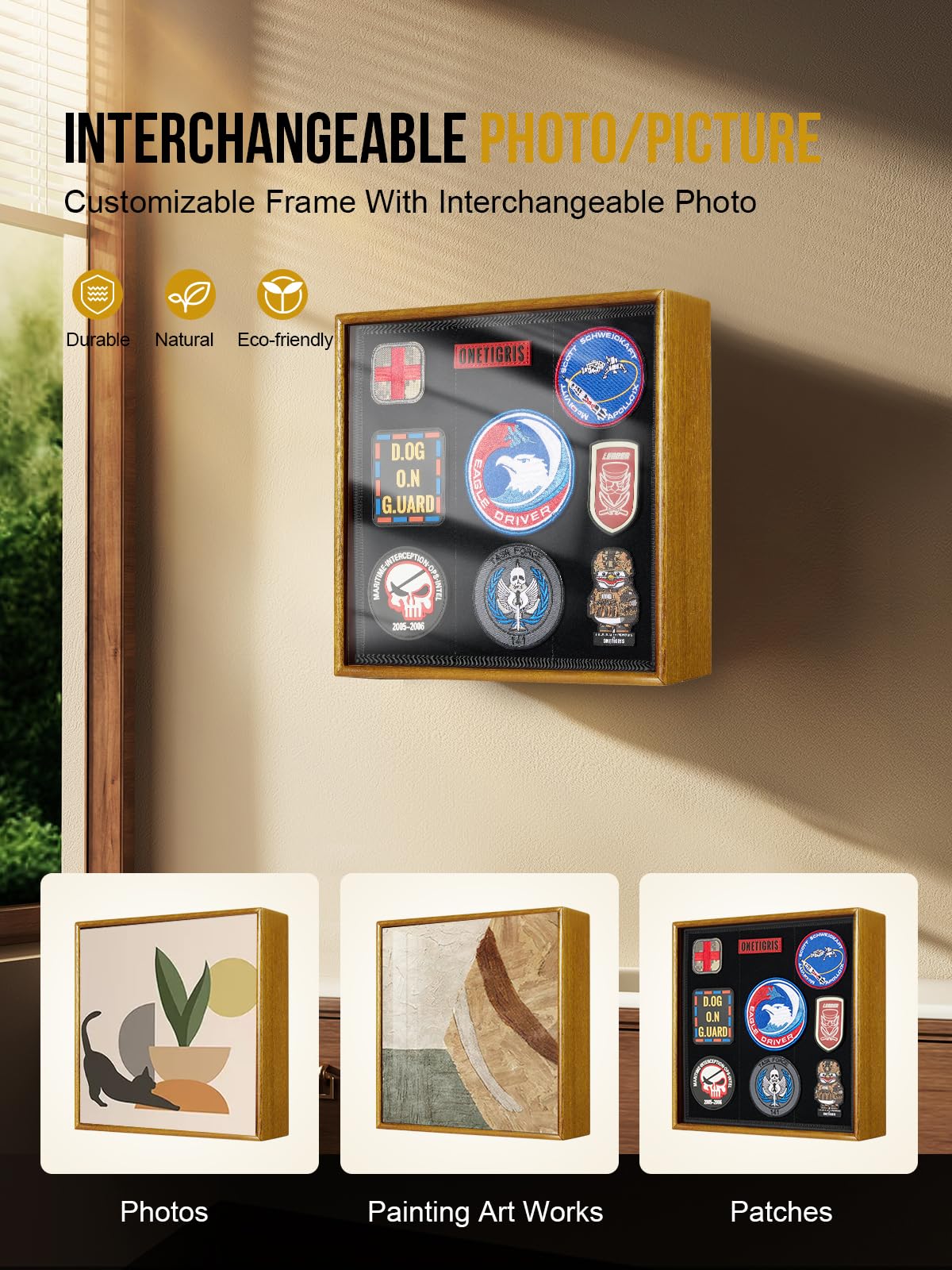OneTigris Hidden Gun Storage, Concealment Furniture Hidden Gun Safe Concealment Shelf Wall Safe Wooden Photo Frame, Wall Mounted Hidden Compartment Furniture with Patches Display Panel