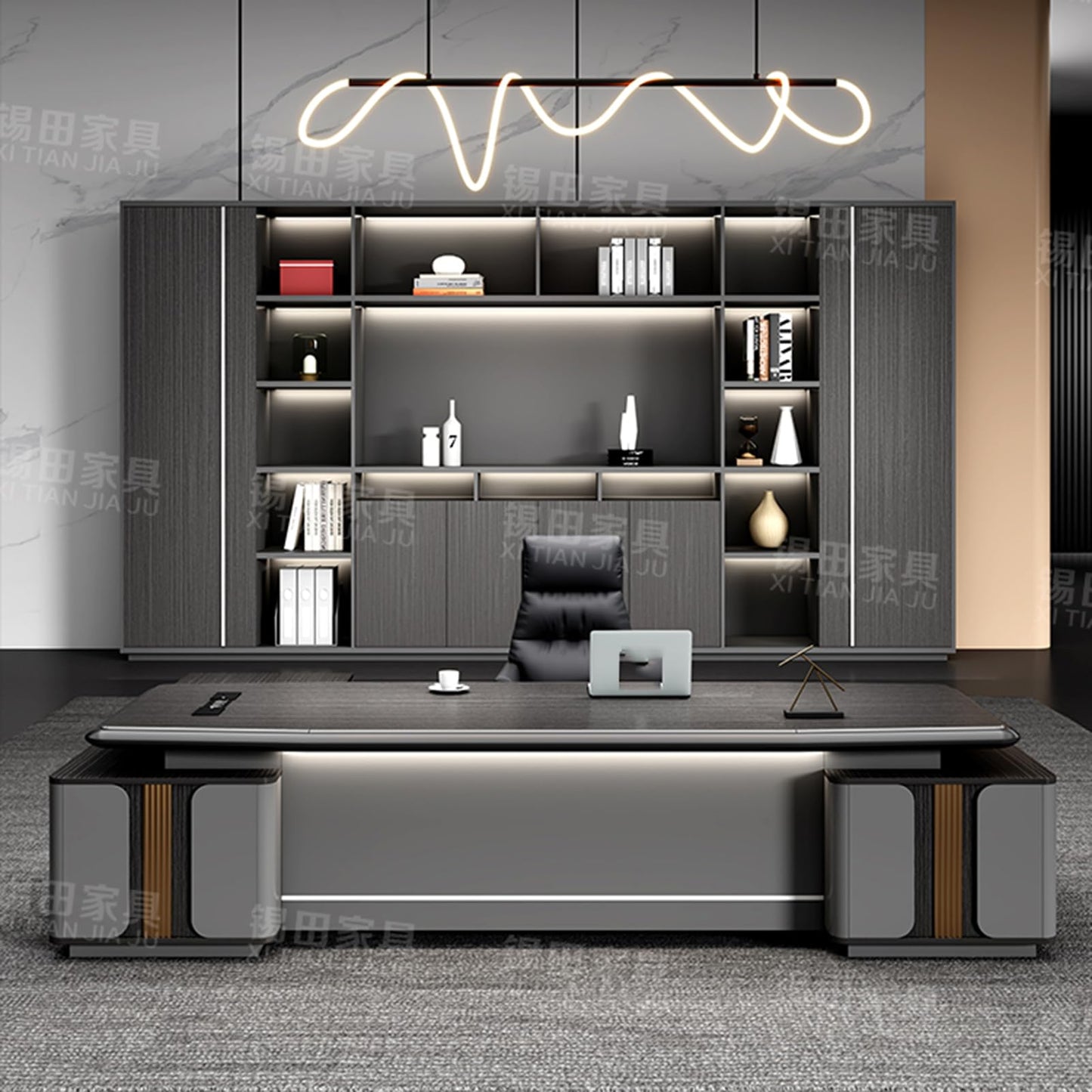 LSIGHTUS Modern Executive Office Desk with Storage Cabinet, Extra Large Wood Reception Desk with File Drawers, Writing Study Table Business Furniture Set Workstation for CEO Boss Manager
