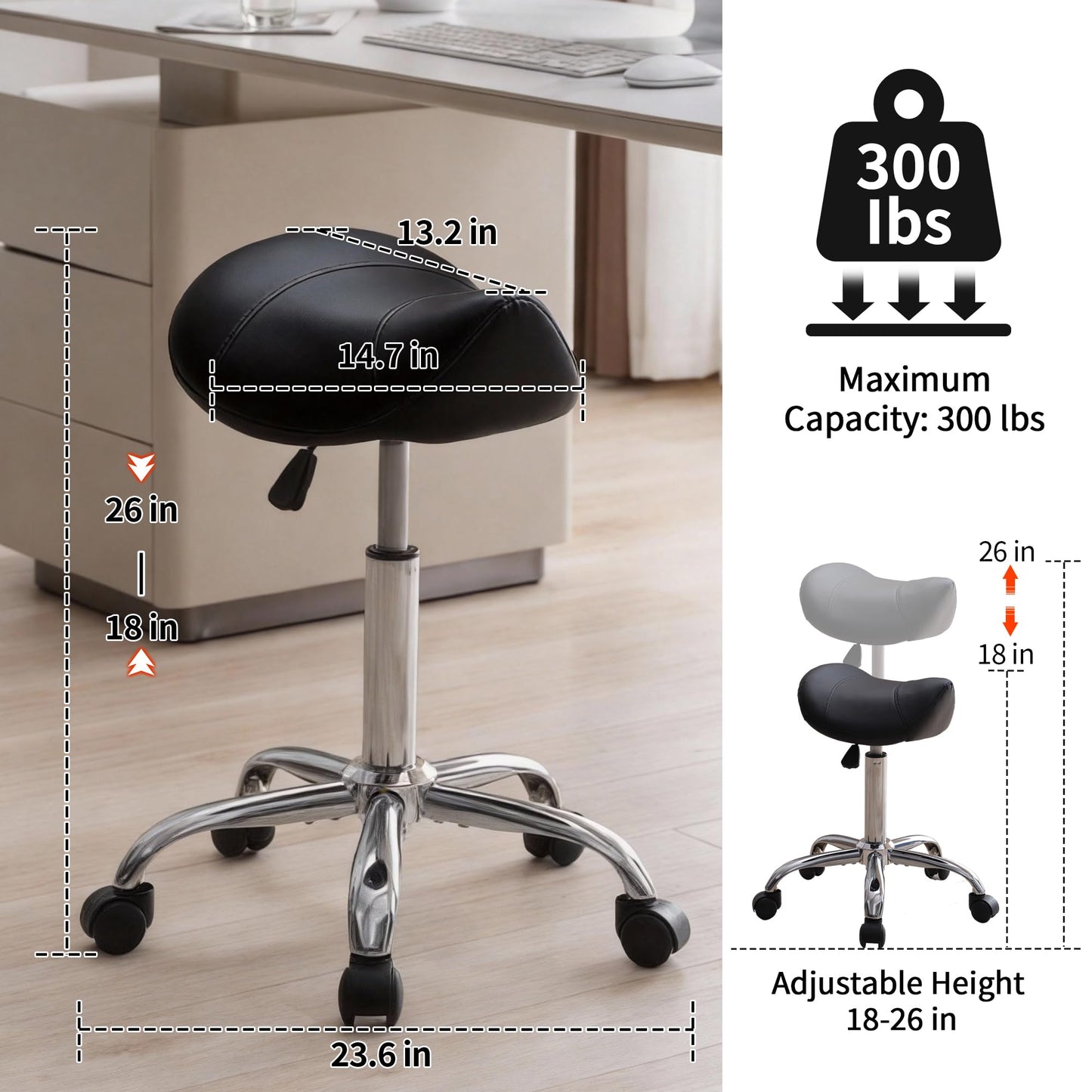 FIRAVOE Saddle Stool, Swivel Saddle Stools with Wheels, Adjustable Rolling Stool 18"-26", Faux Leather Rolling Saddle Stool for Salon, Massage, Clinic, Lab, Office (Black, 1PCS (18"-26"))