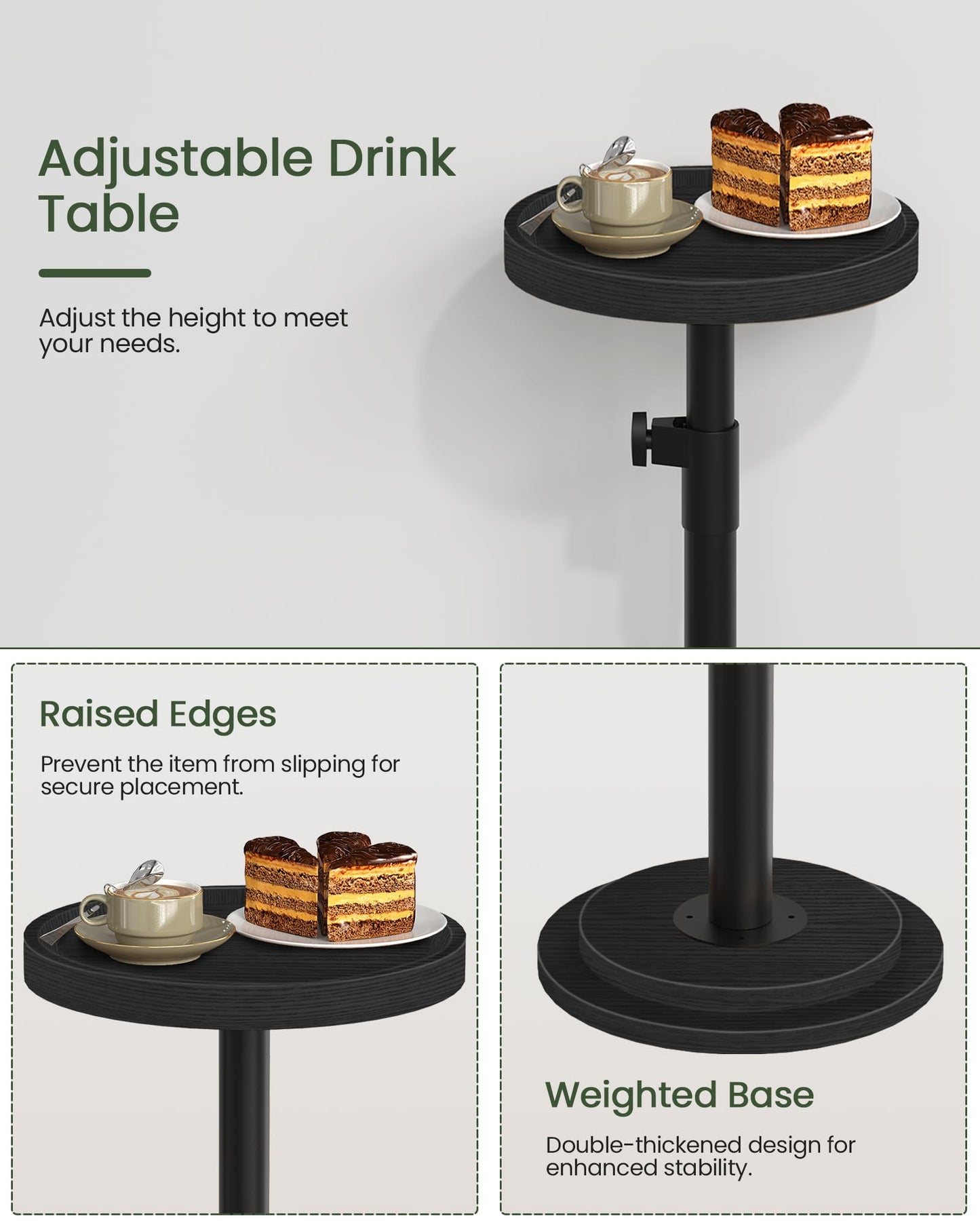 CHOEZON Small Round Side Table, Height Adjustable Drink Table, Pedestal Martini Table with Thickened Base, for Small Space, Sofa, Living Room, Bedroom, Black TBZ31BB
