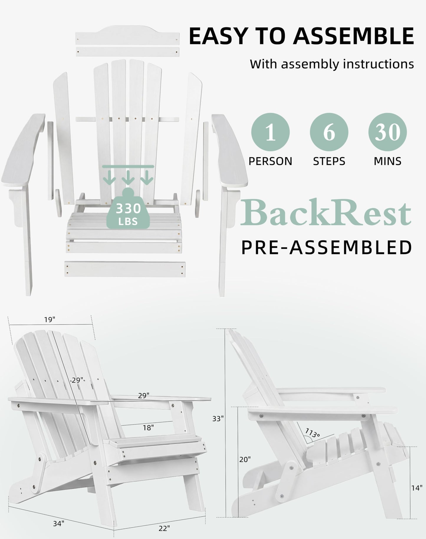 Wood-Natrl Oversized Wooden Folding Adirondack Chair with Pre-Assembled Backrest and Seat Board, Lounge Chair for Outdoor Patio Garden Lawn Backyard Firepit Deck Pool Beach