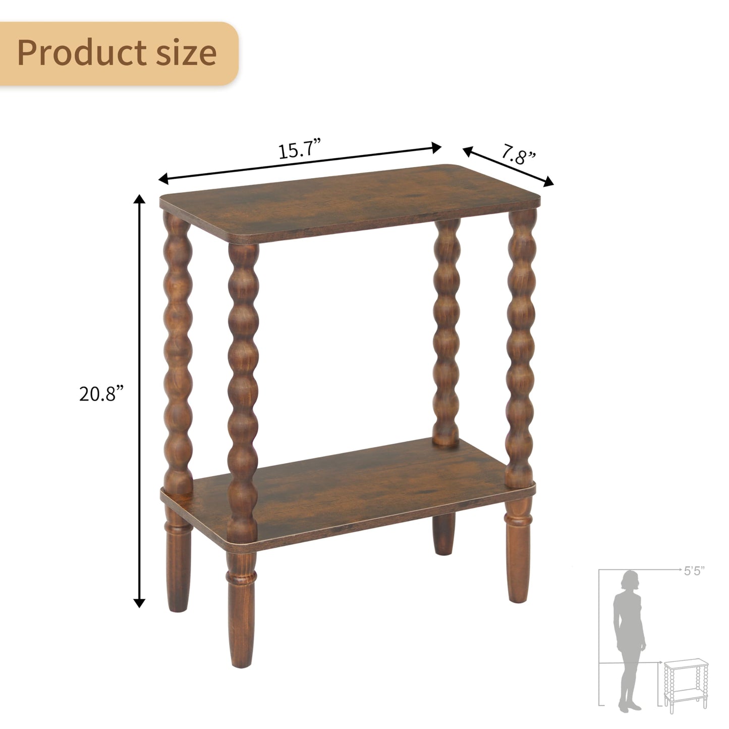 Fultyle Small Narrow End Table, Narrow Side Table Living Room with Storage, 2-Tier Wood Accent Table Slim Nightstand for Small Spaces, Office, Bedroom (Rustic Brown)