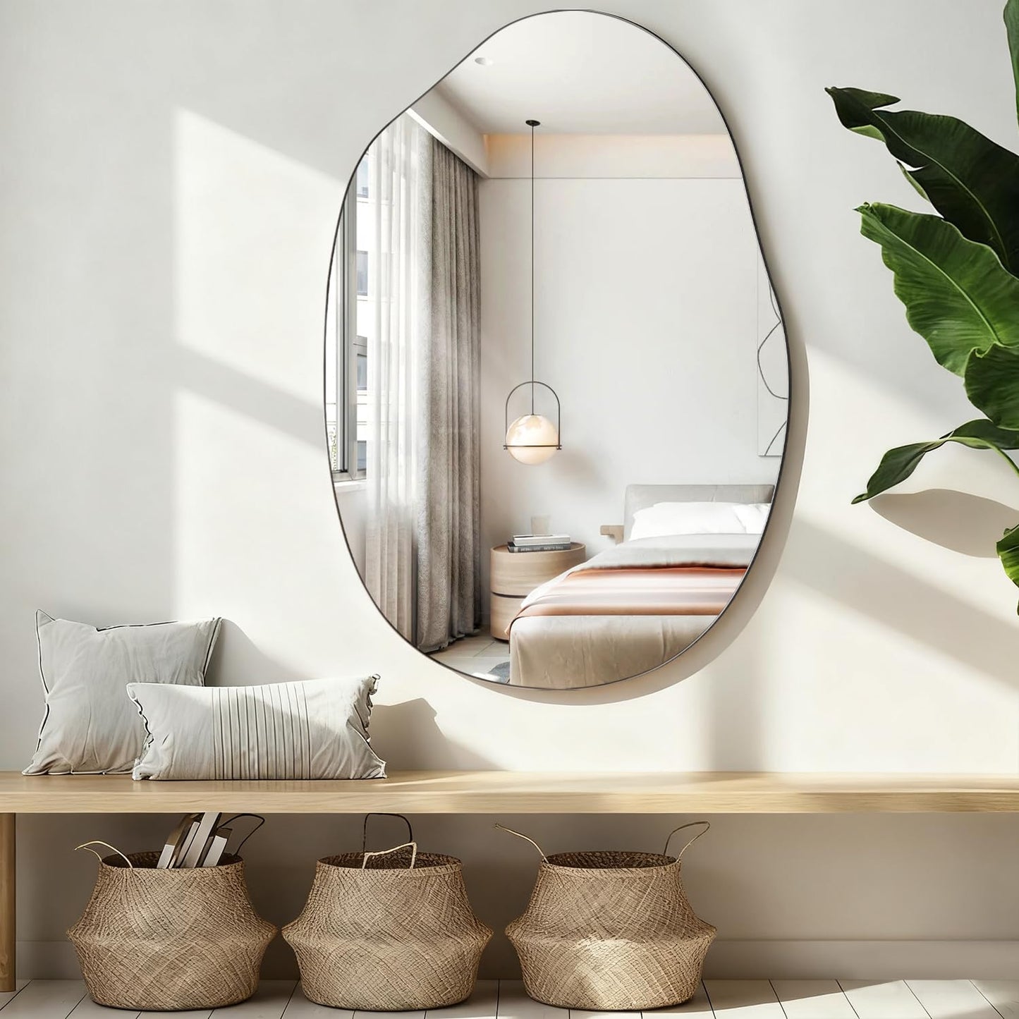 Lzuso Bathroom Wall Mirror Wood Framed Modern Decorative Irregular Asymmetrical Mirrors for Bedroom Living Room Entryway Dressing Table Wall Decoration Room Decor 26" L x 18" W
