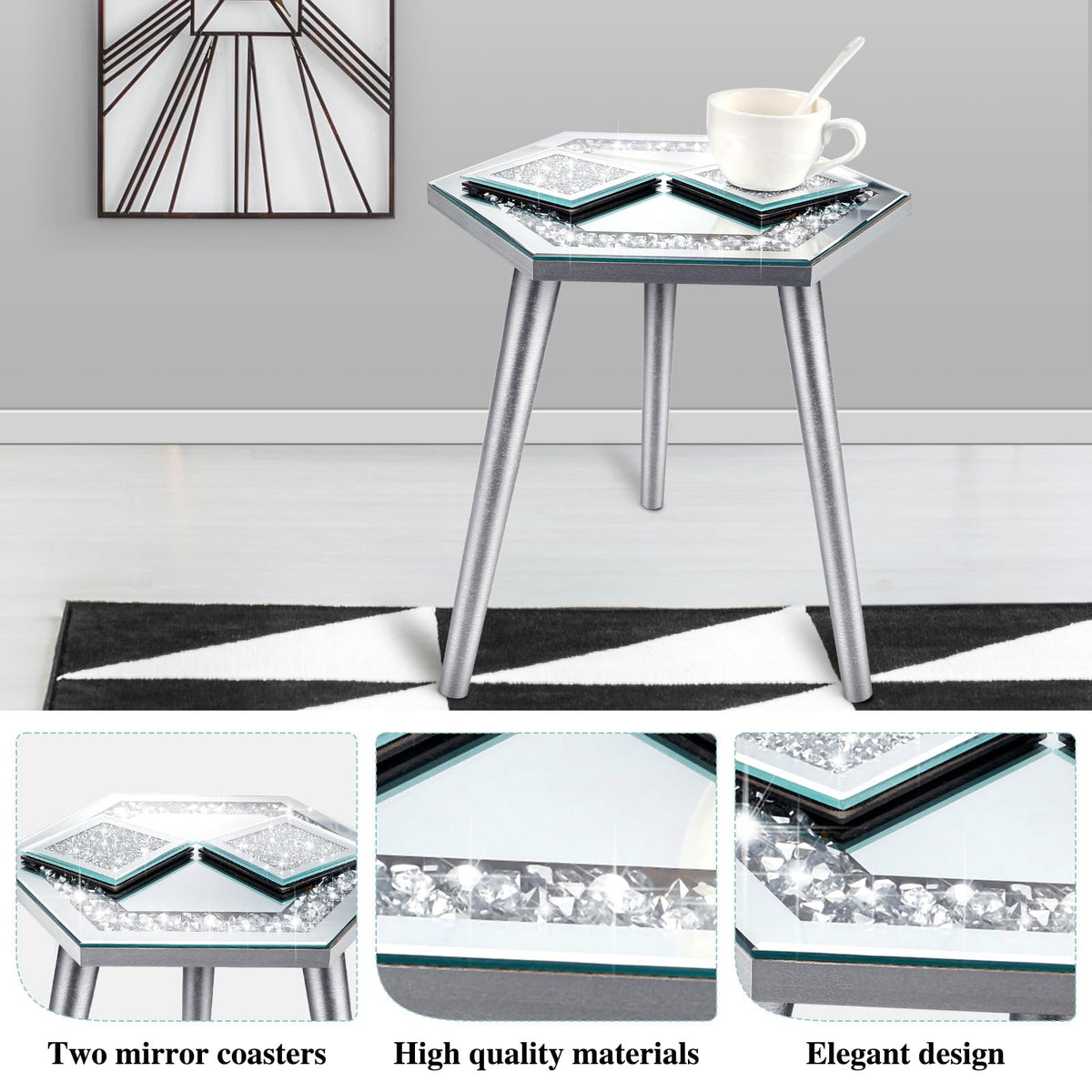 Weysat 3 Pcs Mirrored End Table with Glass Coaster Modern Silver Accent Table Bling Mirror Side Desk Crushed Crystal Coasters Crushed Diamond Cup Mat for Living Room Kitchen (Hexagonal)
