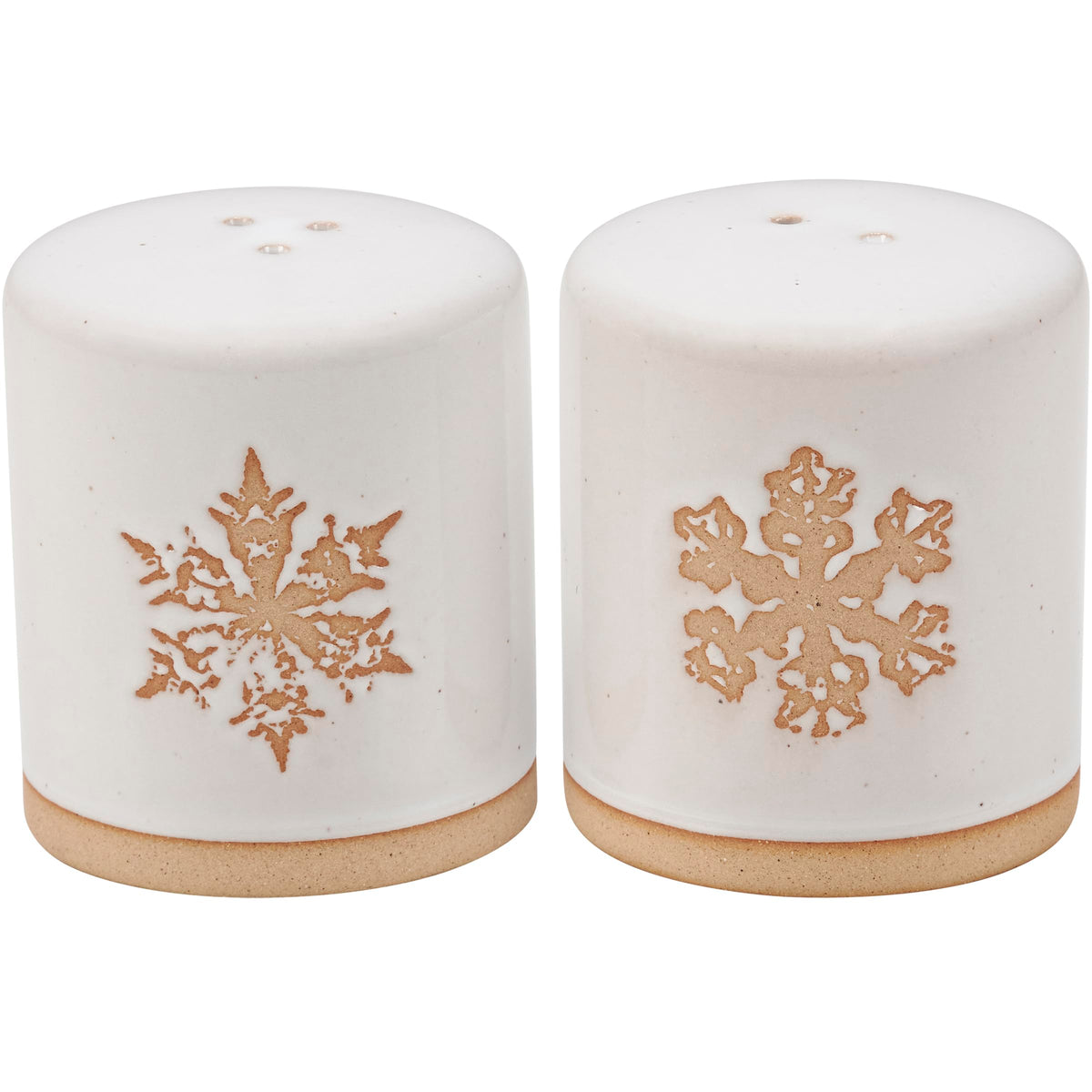 Primitives by Kathy Winter Salt & Pepper Set - stoneware salt and pepper shakers displaying a snowy cream color with individual debossed snowflake designs and bare ceramic accents