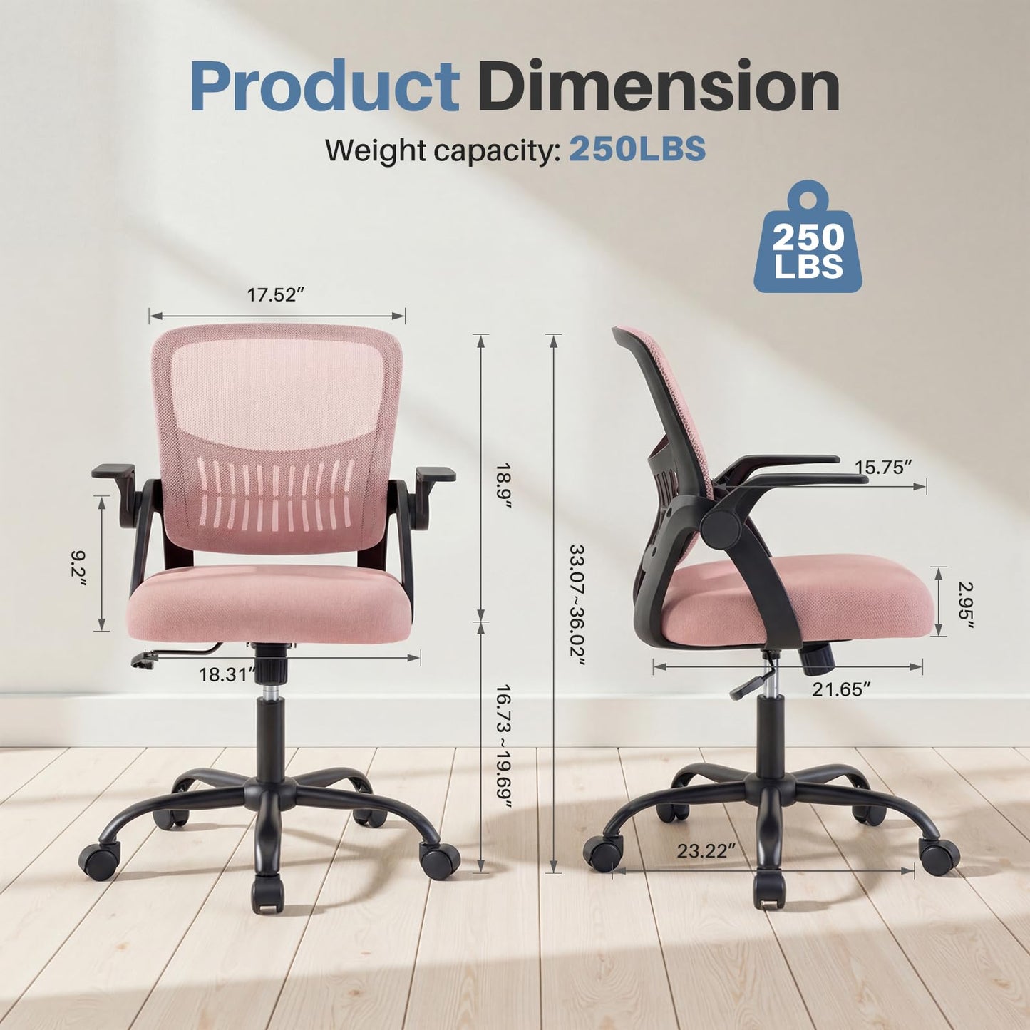 DUMOS Home Office Desk Chair - Ergonomic Computer Mesh Chair with Lumbar Support & Rocking Mode, Height Adjustable with Flip-up Armrest, for Conference, Meeting Room, 360° Swivel, Adults, Pink