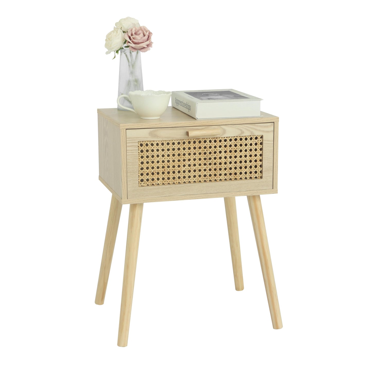 AWASEN Rattan Nightstand, Bedside Table with Rattan Drawer, Wood End Table with Storage and Solid Wood Legs for Bedroom Living Room Small Space (Walnut)