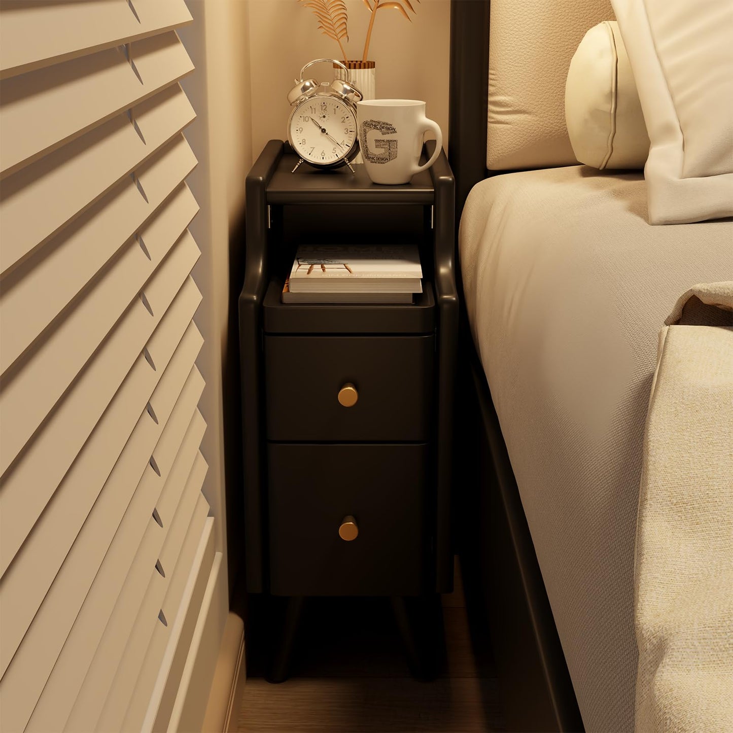 AQIMUELE Narrow Nightstand Set of 2, Small Black Wood Bedside Table with Drawers, End Table for Small Spaces Bedroom