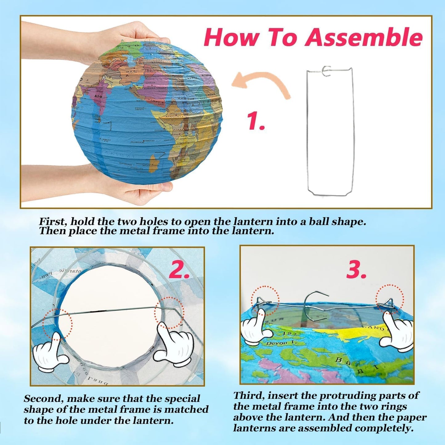 JIEFULL 10 Pack 12 Inch Globe Paper Lanterns for Ceiling Hanging, Large Earth Lantern Around The World Map Decorations