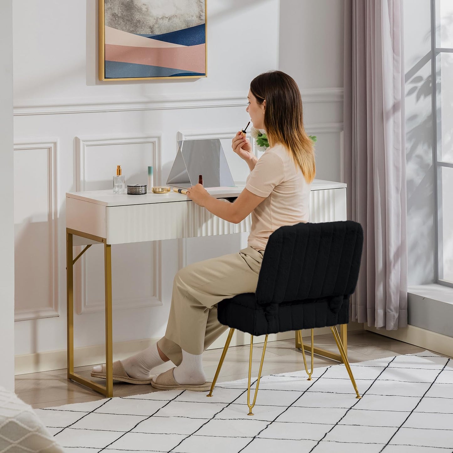 Manyday Vanity Chair with Storage, Comfy Ottoman with Folding Back, Faux Fur Vanity Stool with 4 Metal Legs for Make Up, Furry Padded Seat with Anti-Slip Feet for Bedroom Dressing Room, Black