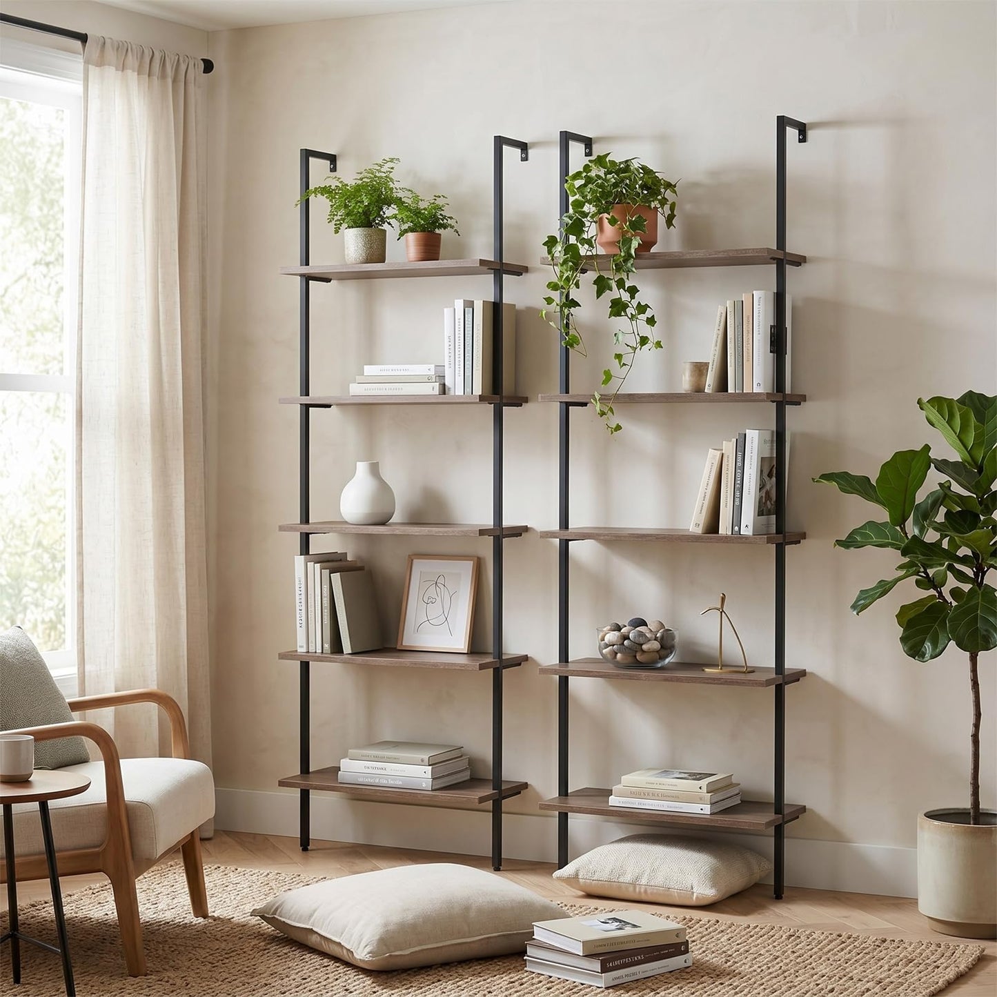 aboxoo Ladder Shelf Open Bookshelf 5-tier Wood Wall-mounted Bookcase Storage Rack Open Back Industrial Modern Plant Flower Stand Utility Organizer Bookcase Metal Frame Furniture Office Kitchen Bedroom