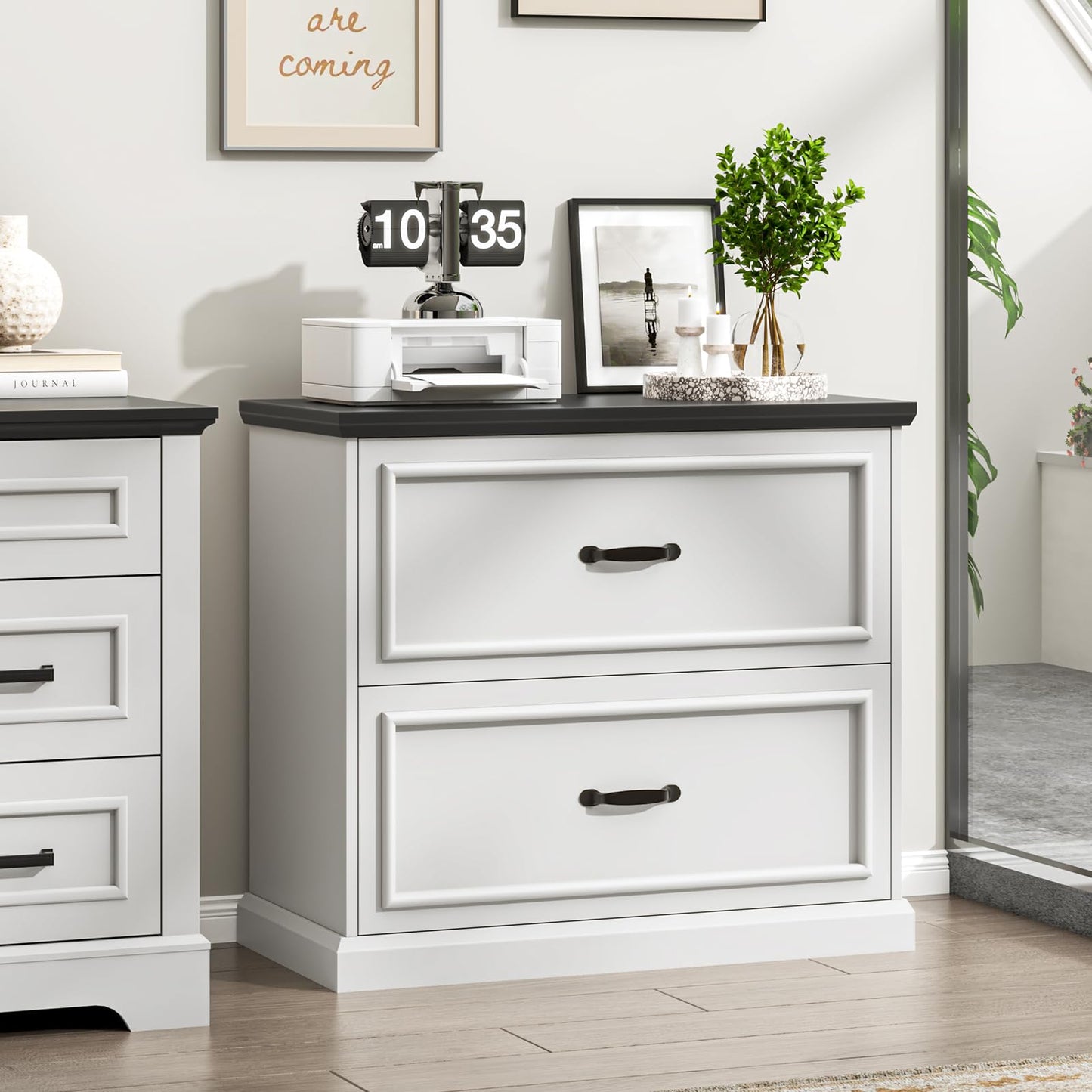 Halitaa 2 Drawer File Cabinet, Farmhouse Lateral Filing Cabinet for Letter/A4/Legal Size Hanging Files, Large Wood File Storage Cabinets Printer Stand for Home Office, White and Black