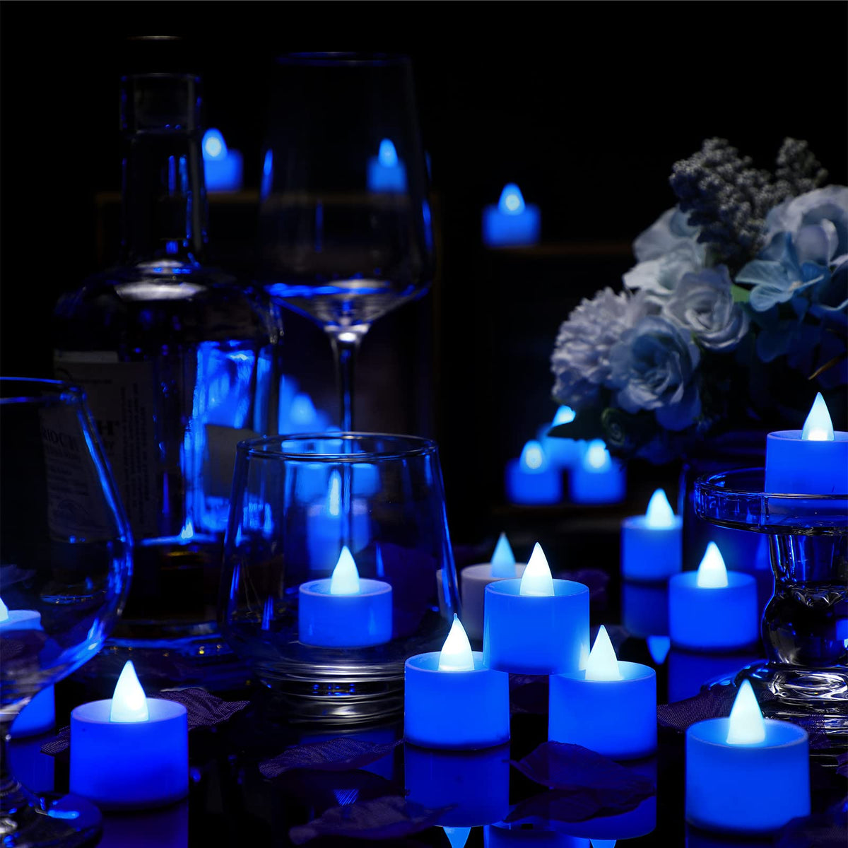 Coume 6000 Pcs Artificial Rose Petals with 72 Pcs Flameless LED Candles Romantic Decorations Fake Candles Anniversary Decorations for Valentine's Day Wedding Night(Blue)