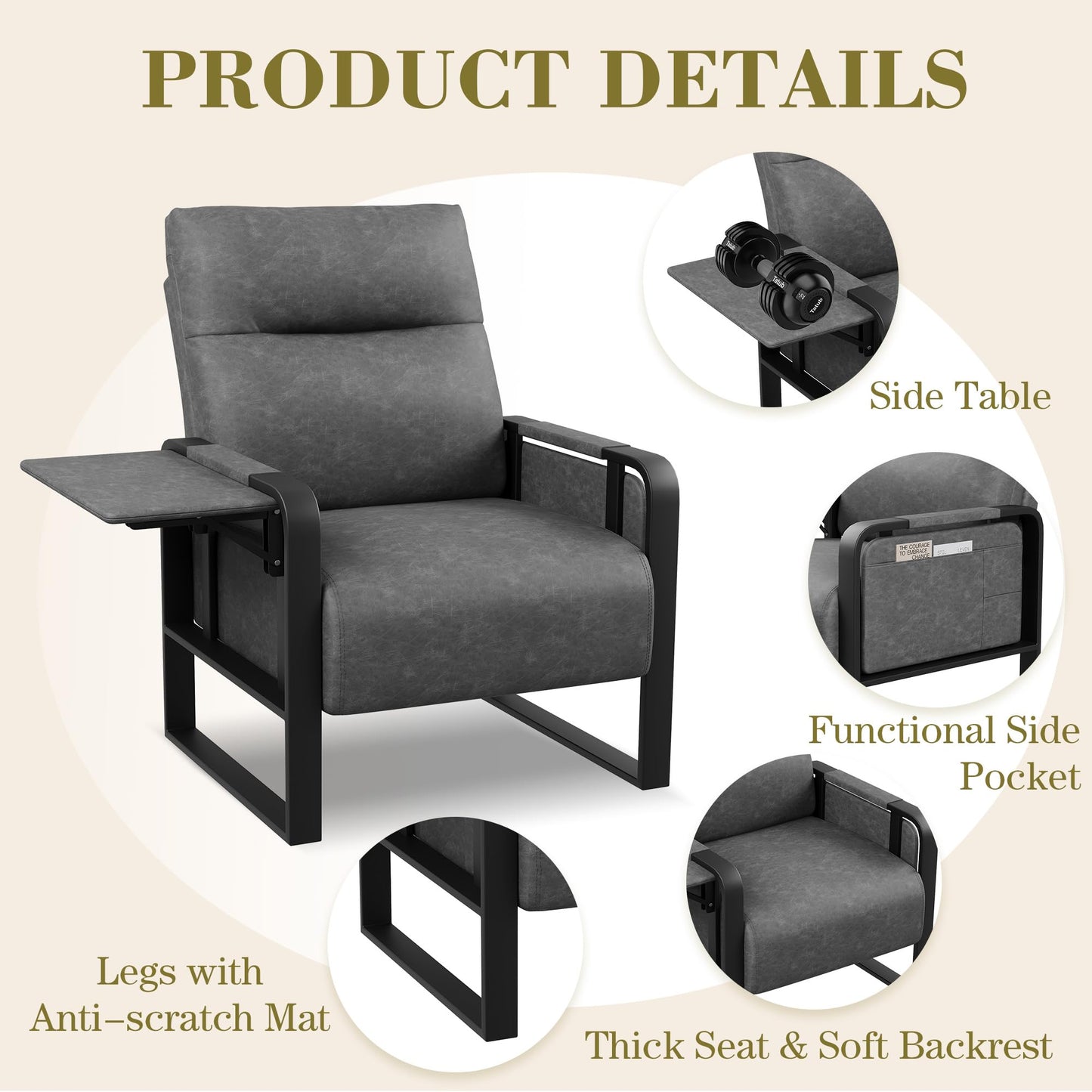Apeaka PU Leather Accent Chair, Modern Armchair with Foldable Table Upholstered Side Chairs for Living Room Bedroom Office Chair Grey