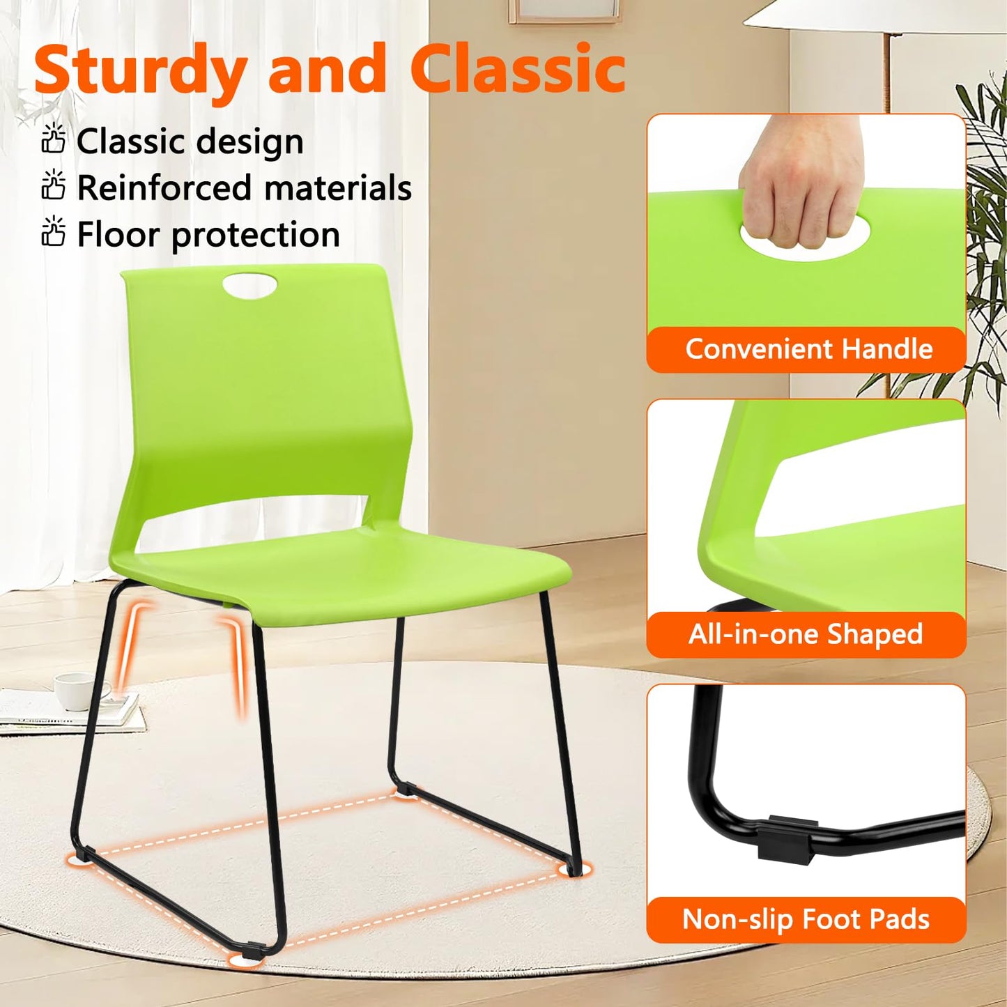 KLASIKA Stackable Guest Reception Chairs, Stacking Office Chair with Ergonomic Lumbar Support & Metal Legs, Plastic Desk Chairs for Conference School Church Waiting Meeting Break Room Set of 12, Green