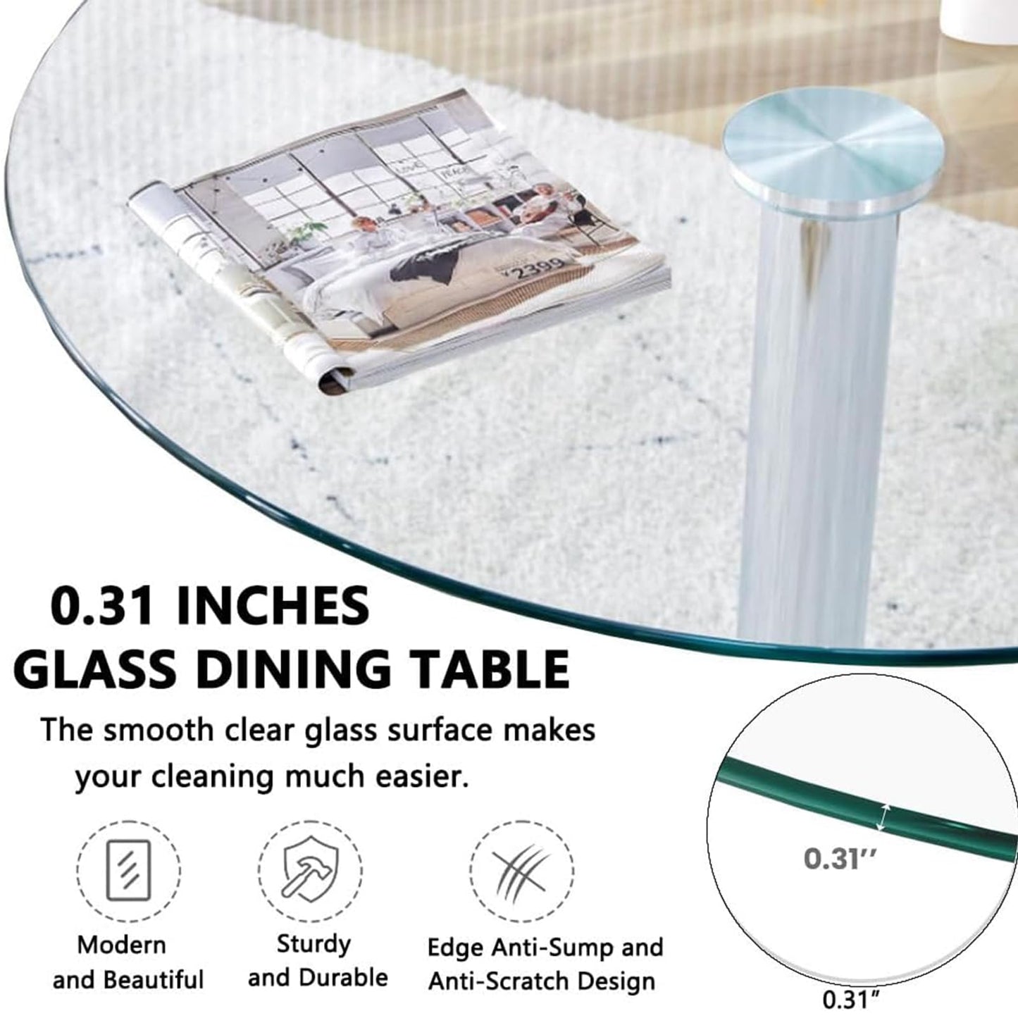 HYYTEIBL 23.4" Round Glass Dining Table, Modern Circular, Sturdy Base and Perfect for 2-4 Seat, Bistro Style for Dining Room, Living Room, Balcony, Cafe