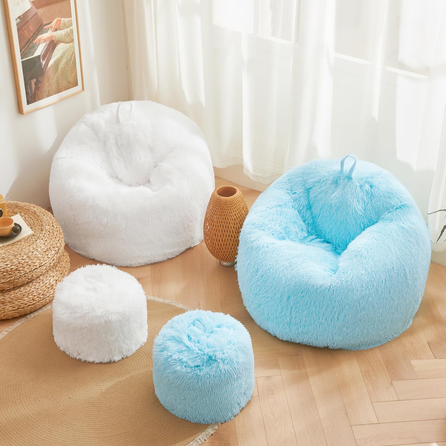Blue plush bean bag chair covers (No Filler), comfy Furry Blue bean bag chair Cover for bedroom, stuffed animal Storage, kids adults teens girls bean bag chairs, Anti-Slip