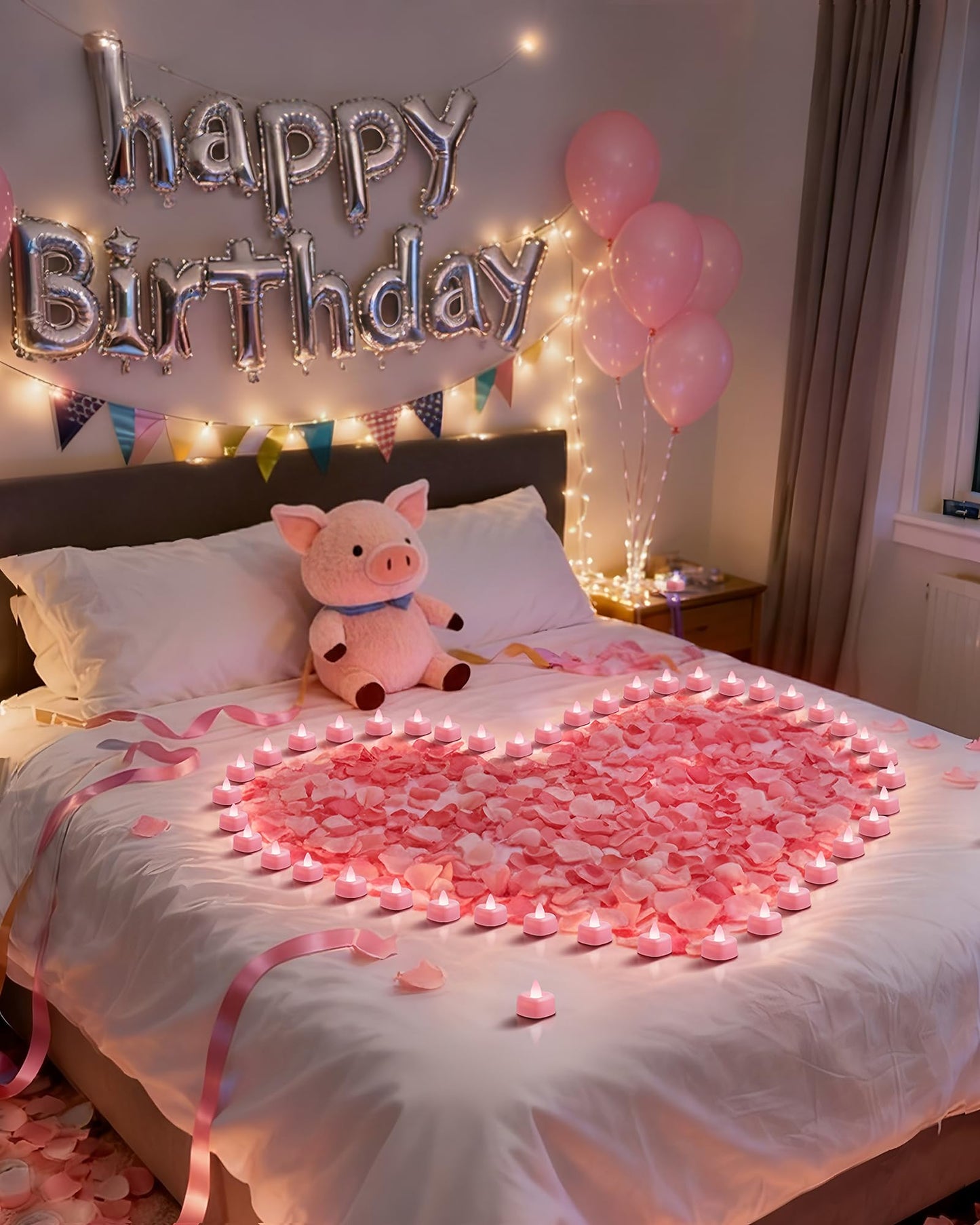 Amagic 1000 Pieces Pink Artificial Rose Petals with 12 Pink Heart LED Tea Lights, Rose Petals and Candles Set for Proposal, Anniversary, Romantic Night, Wedding Decor