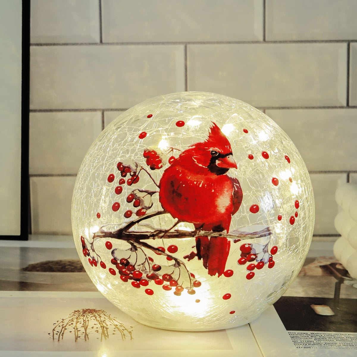 Cordless Crackle Glass Ball Cardinal Lamp with Timer, Battery Operated Led Red Bird Stained Christmas Decor Accent Sphere Table Lamp, Mother's Day Gift, Lighted Orb Cardinal Globe Desk Night Light