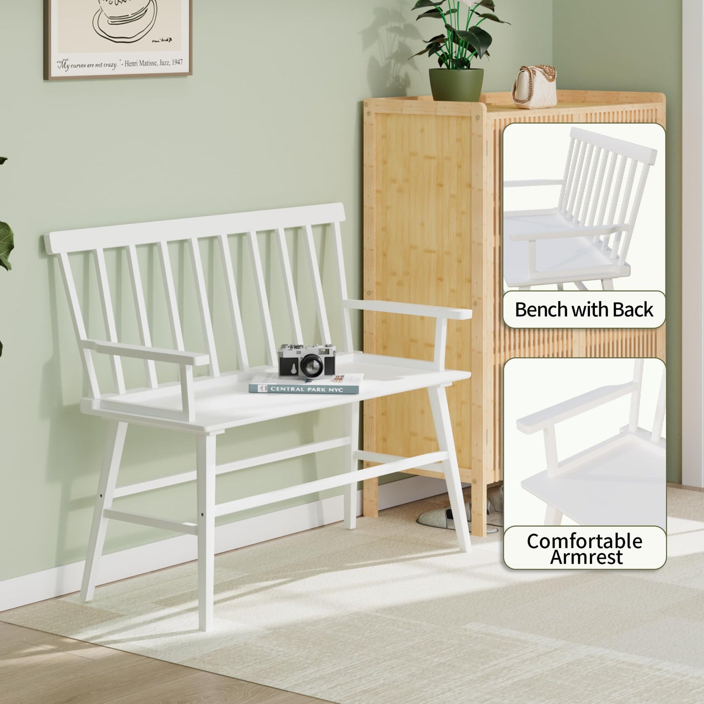 APRTAT Bamboo Entryway Bench, Farmhouse Dining Bench with Spindle Back & Armrest 3 Person Indoor Bench Chair Wood Windsor Bench Durable Easy Assembly for Foyer Balcony Hallway Living Room (White)