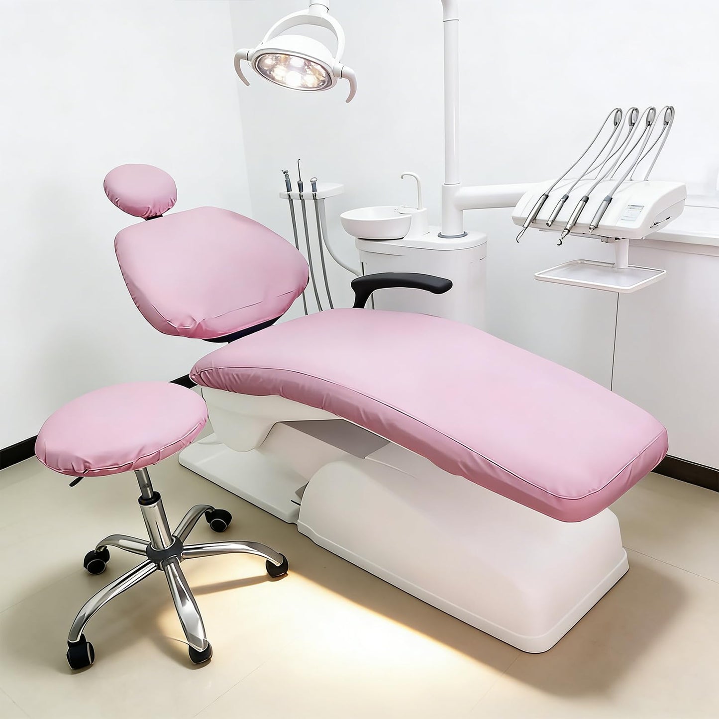buyzg 5Pcs Dental Chair Covers Set - Waterproof & Non-Slip PU Leather Elastic Full Covers with Foot, Seat, Headrest & Backrest Protectors for Dental Clinic Chairs(Pink)