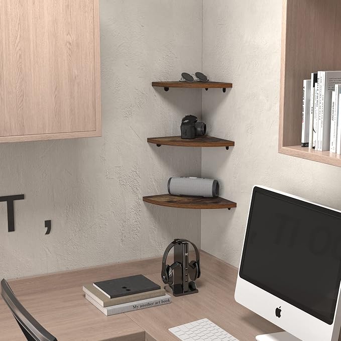 HORLIMER 6 Pack Wall Mount Floating Corner Shelf, Rustic Wood Corner Wall