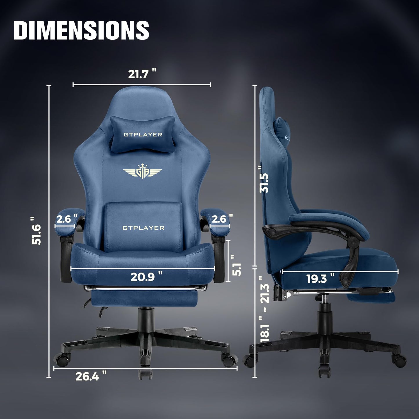 GTPLAYER Big and Tall Gaming Chair 400lbs Heavy Duty Office Chair with Foot Rest, High Back Pocket Spring Ergonomic Computer Chair for Adults, Wide Comfy Seated Cushion with Linkage Armrests, Blue