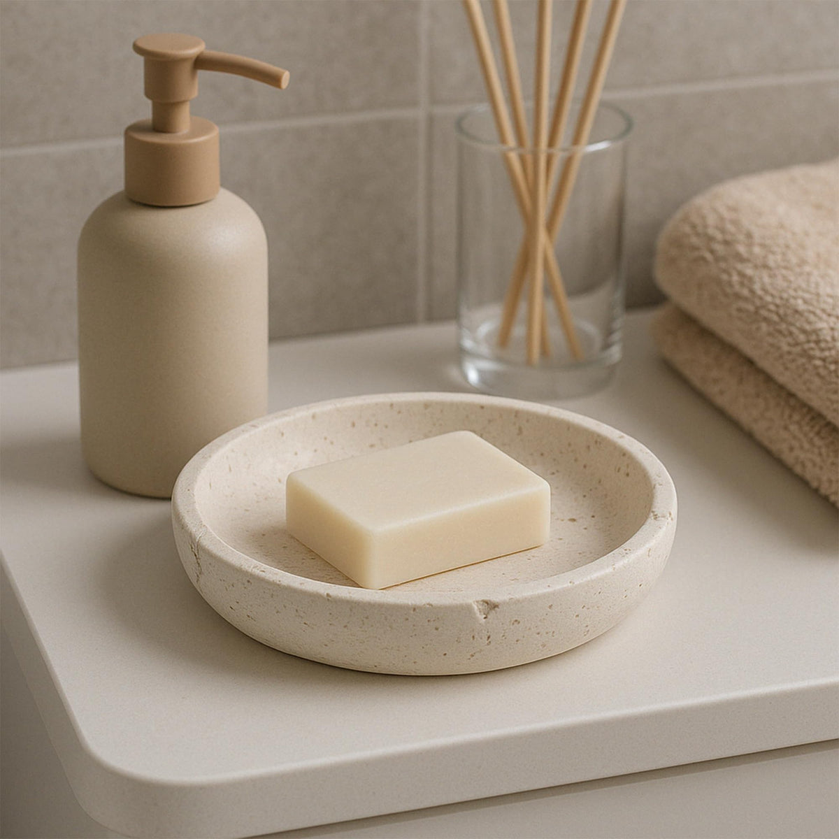 Natural Travertine Round Decorative Tray - 8-inch Beige Stone Vanity Bowl, Anti-Slip Organizer Plate for Bathroom, Kitchen, Home Décor, Candles, Jewelry Display, 3/4-inch Height