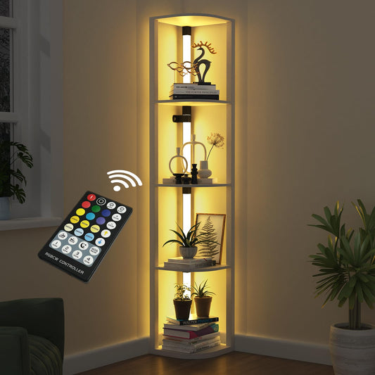 VTRIN Corner Shelf with Light, Floor Lamps with Shelves for Living Room, Small Space, Modern Home Decor Stand Sturdy 5-Tier Corner Bookshelf Cabinet Display Shelf for Collectibles, White