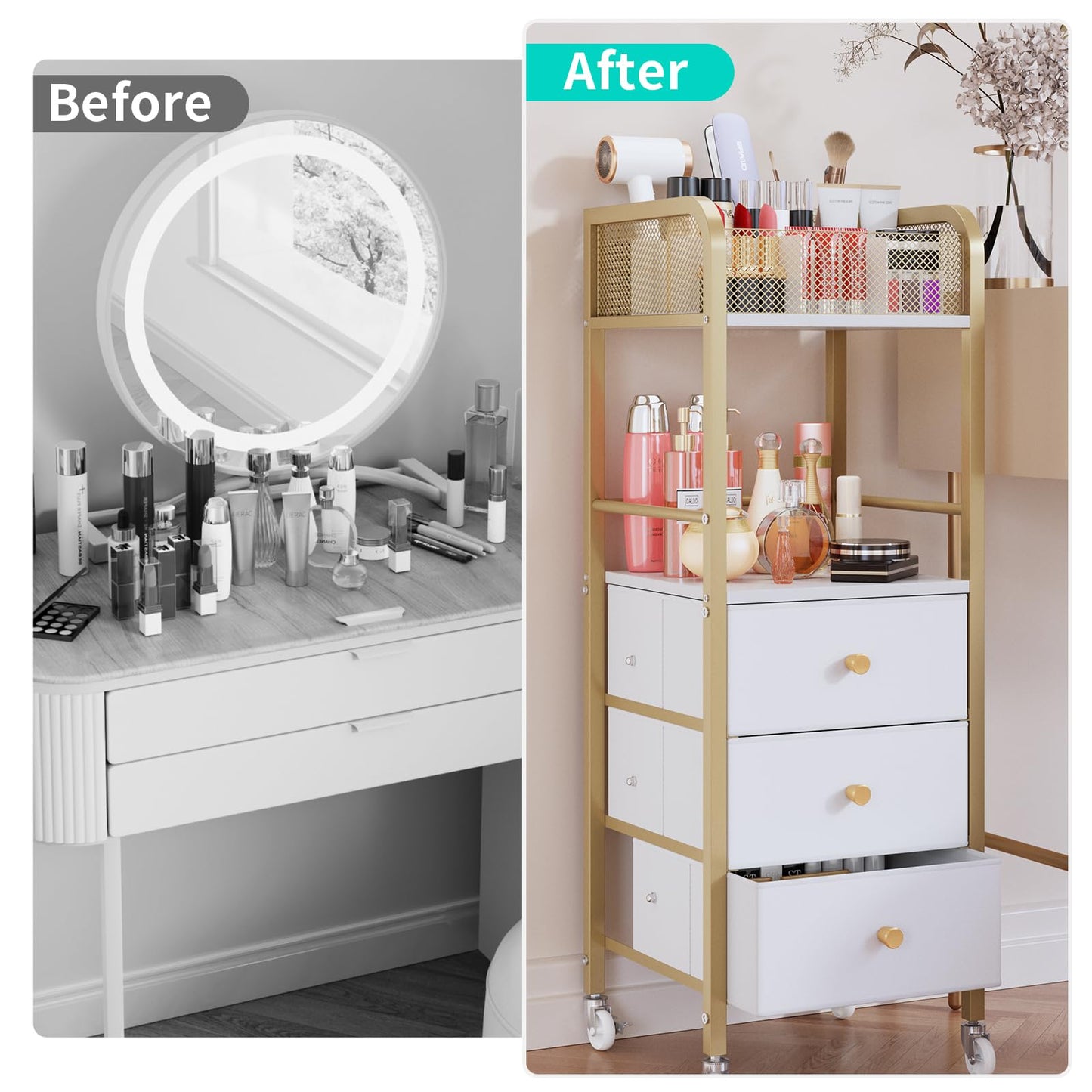 HapiRm Rolling Makeup Cart Organizer - Floor Skincare Make Up Storage with 3 Non-woven Fabric Drawers, Vanity Organizer Cosmetic Display Cases Holder for Skin Care Perfume Nail Polish Brush Hair Tool