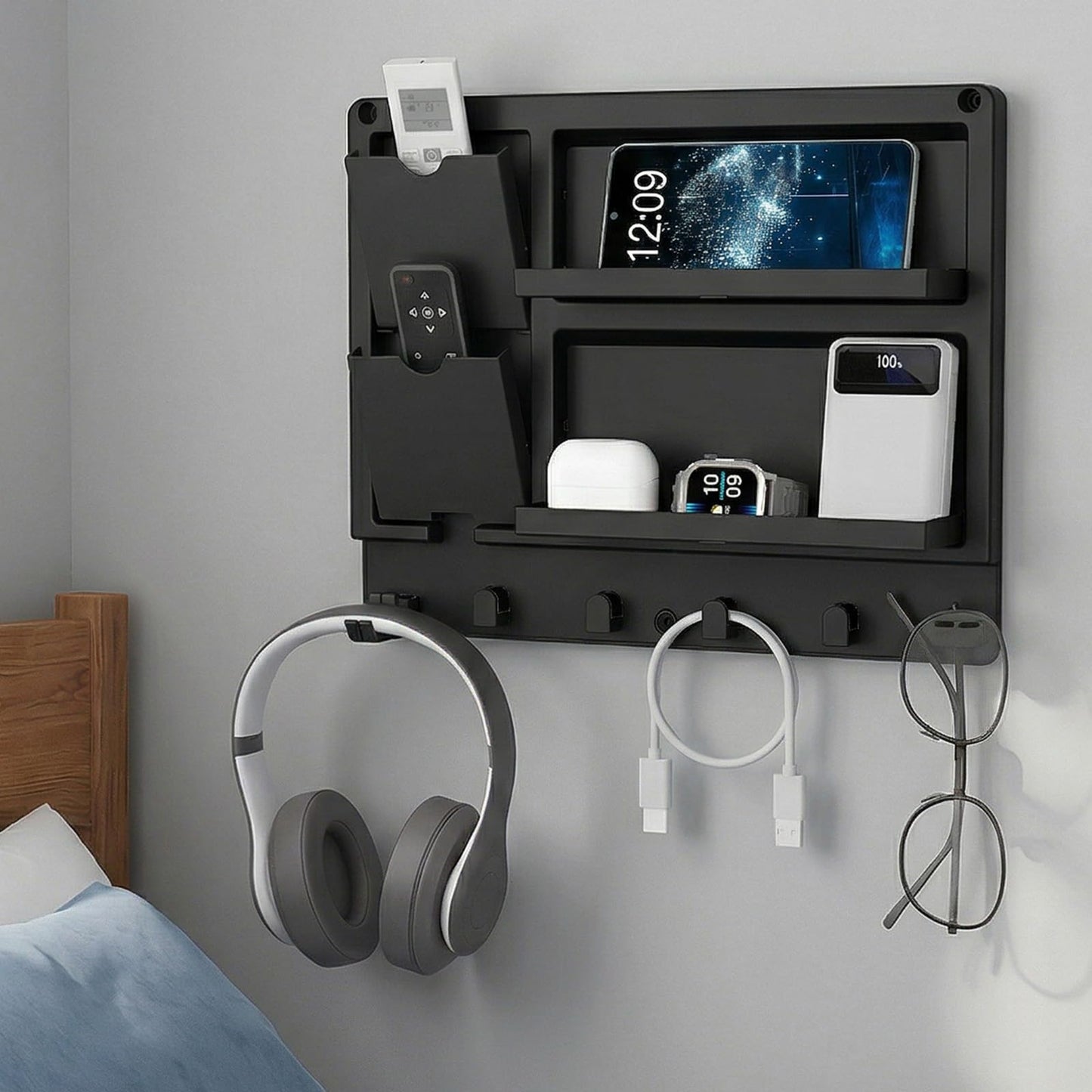 Lifewit Plastic Adhesive Bedside Shelf, Floating Pegboard Shelves, Key Remote Control Holder, Wall Organizer for Glasses, Phone, Earbuds, Bedroom Decor, Dorm Room Essentials, Black
