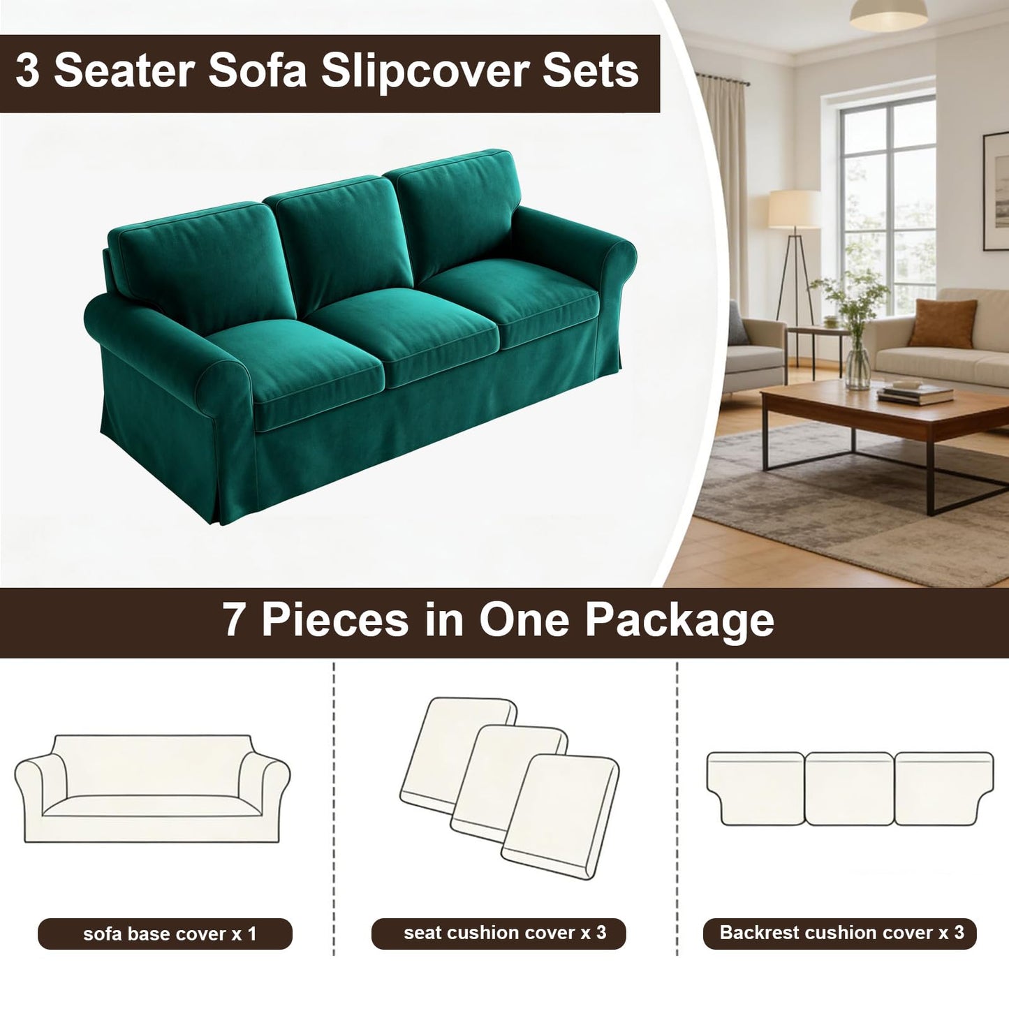 Velvet Pet-Friendly Replacement Sofa Cover Compatible for IKEA Ektorp 3 Seat Sofa Slipcovers, Couch Cover Only, 7-Piece Slipcover, Blue, Couch Cover Not Include The Sofa Body