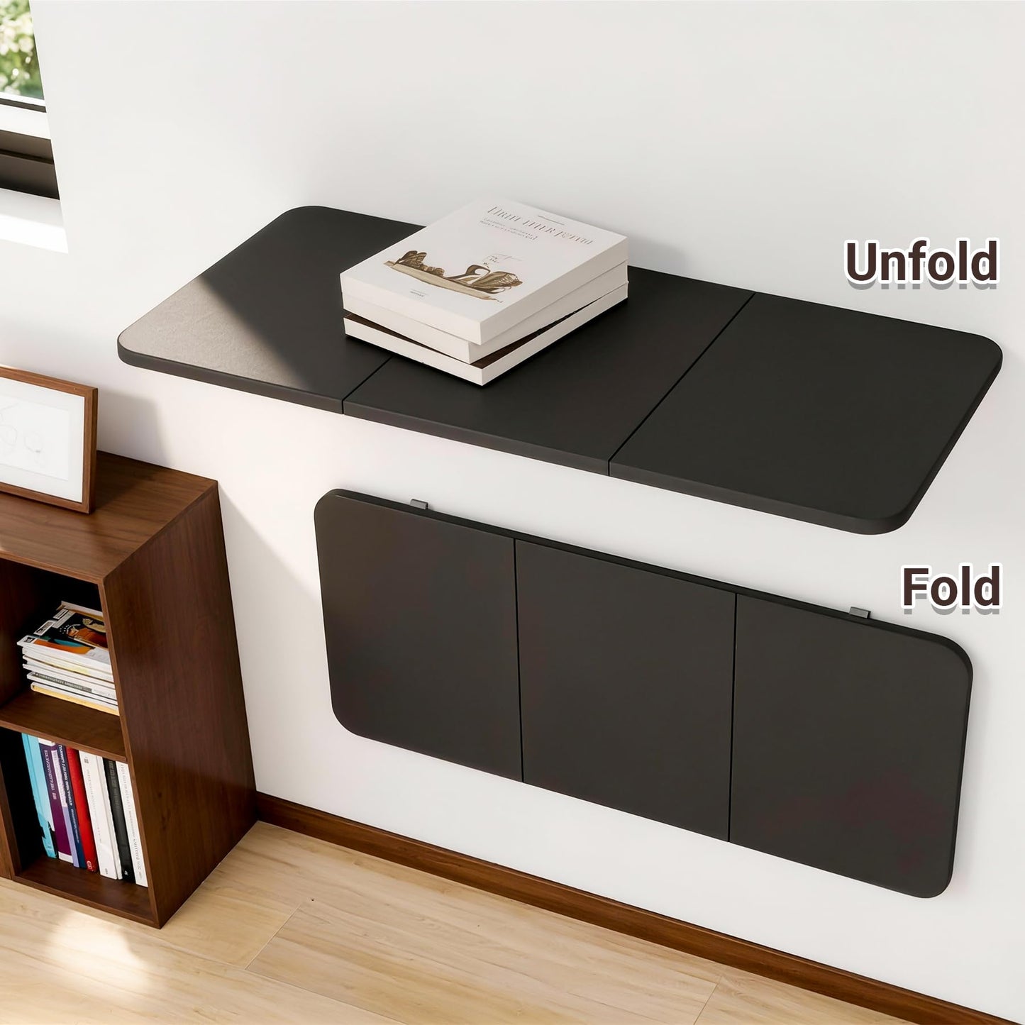 Neoaider Wall Mounted Folding Desk 35.4” x 15.7”, Drop Down Table with Metal Collapsible Brackets, Folding Wall Table for Small Spaces, Home, Office, Kitchen, Laundry Room-Black