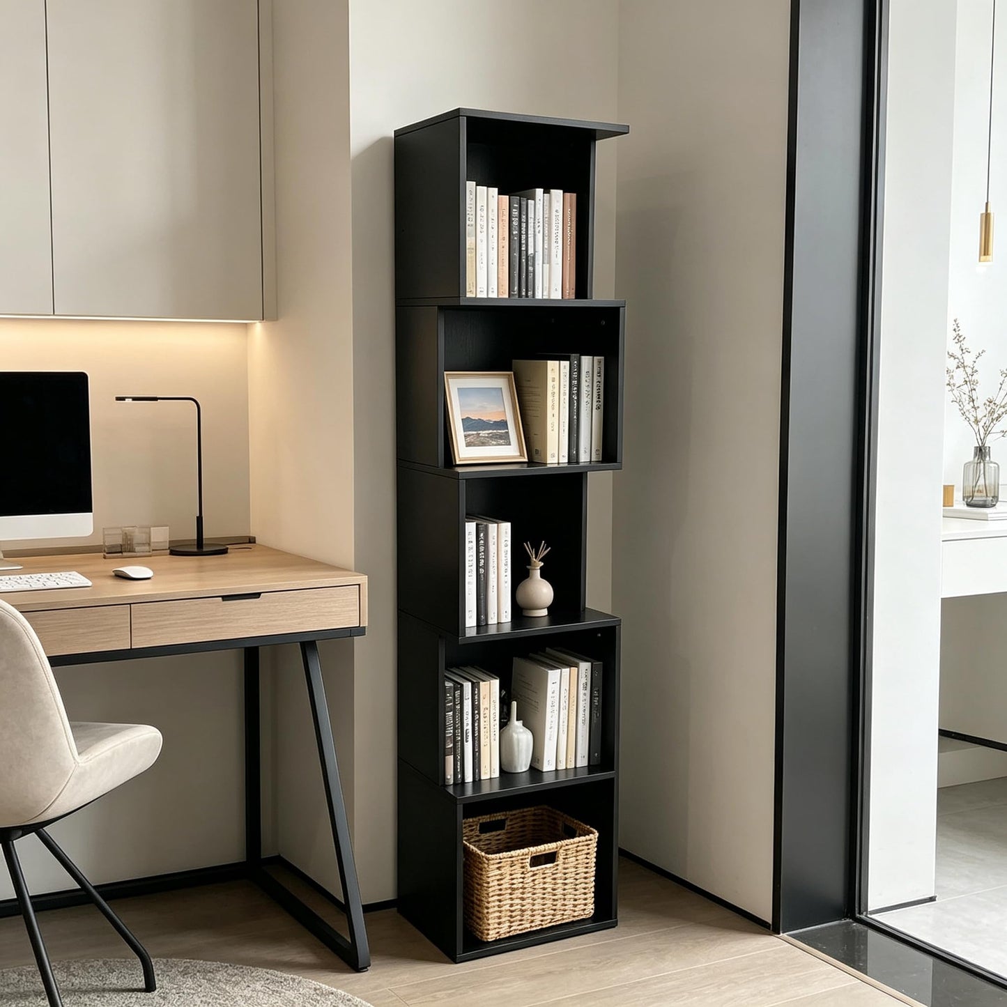 Enjoy Smart 5 Cube Bookshelf, Freestanding 5 Tier Open Display Shelf, Modern Black Cube Storage Organizer with Eco-Friendly Melamine Surface for Home Office Bedroom Living Room Study, Black