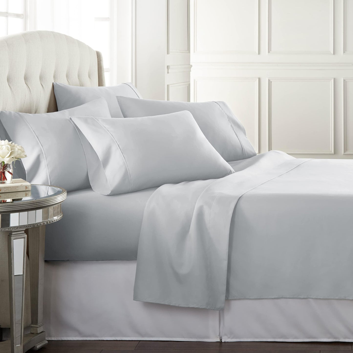 Danjor Linens Bed Sheet Set Queen Size for Hot Sleepers, Hotel Premium Sheets with 4 Pillowcases, Lightweight Brushed Microfiber Deep Pockets, Breathable Cooling 6 Piece Bedding Sets, Light Gray