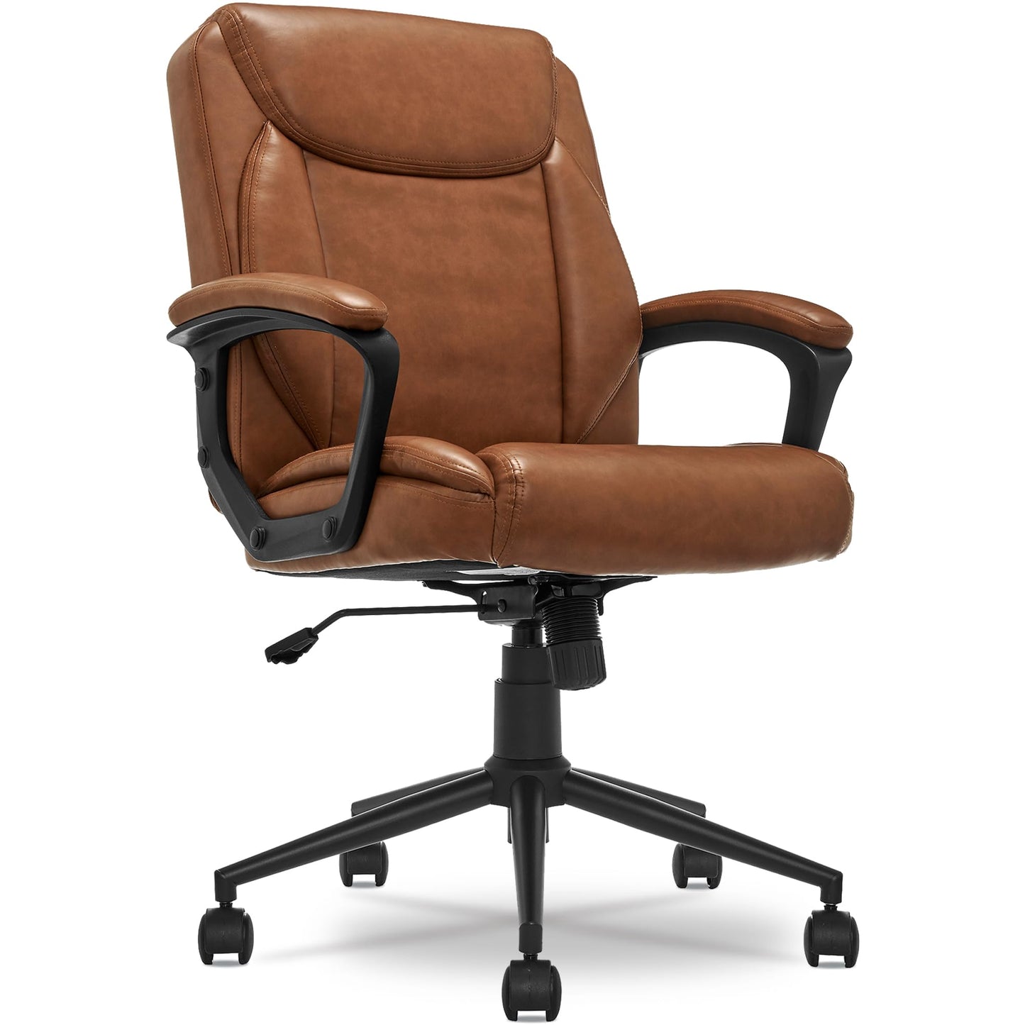 Click365 Transform 1.0 Ergonomic Office Chair, Mid Back Desk Chair with Padded Arms, Lumbar Support, Adjustable Height, Tilt Recline, Swivel Computer Chair, Bonded Leather, Cognac