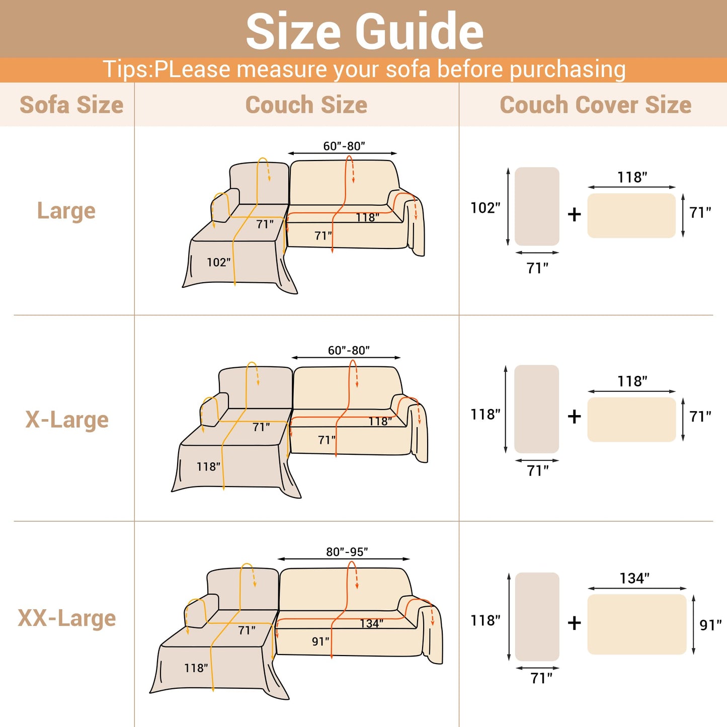 MYSKY HOME L-Shaped Sectional Couch Covers, L Shaped Couch Cover, 2 Pieces Washable Sofa Slipcovers Pet Furniture Protector, Sofa Covers Blanket for 3-4 Cushion Couch (71"x118"+91"x134", Khaki)