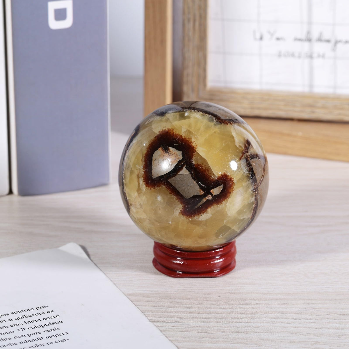 Rockcloud Natural Septarian Dragon Crystal Ball with Wooden Base, Polished Healing Stone Sphere Ornament for Fengshui Home Office Tabletop Decoration, 2.40-2.75 Inches
