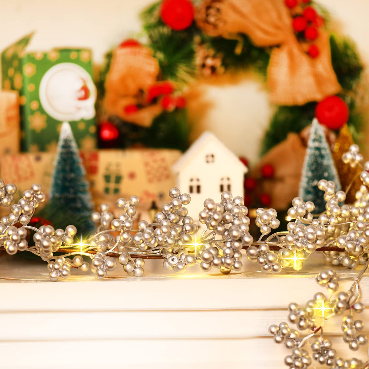 Syhood Christmas Berry String Garland with Lights Thanksgiving Artificial Lighted Garland for Xmas Winter Tree Decor Home Office Fireplace Mantel Decoration Holiday Valentines, 6 ft(Silver,1 Pc)