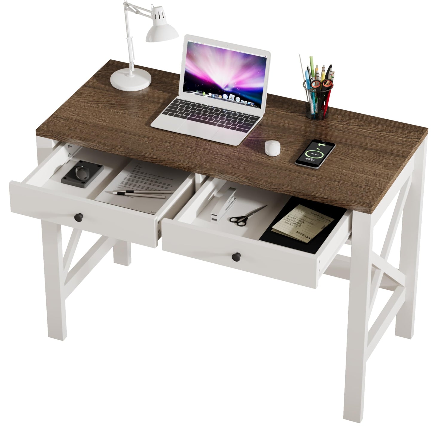 ChooChoo Computer Desk Study for Home Office, Modern Simple 40 Inches Desk with Drawers, Makeup Vanity Console Table, Soft White