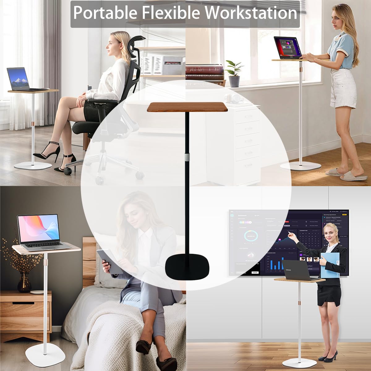 Small Laptop Standing Desk, Adjustable Height Pedestal End Table with Wooden Top, Portable Tall Side Table Workstation, Sit-Stand Desks for Bedside,Sofa,Couch, Living Room, Bedroom, Home Office, Brown