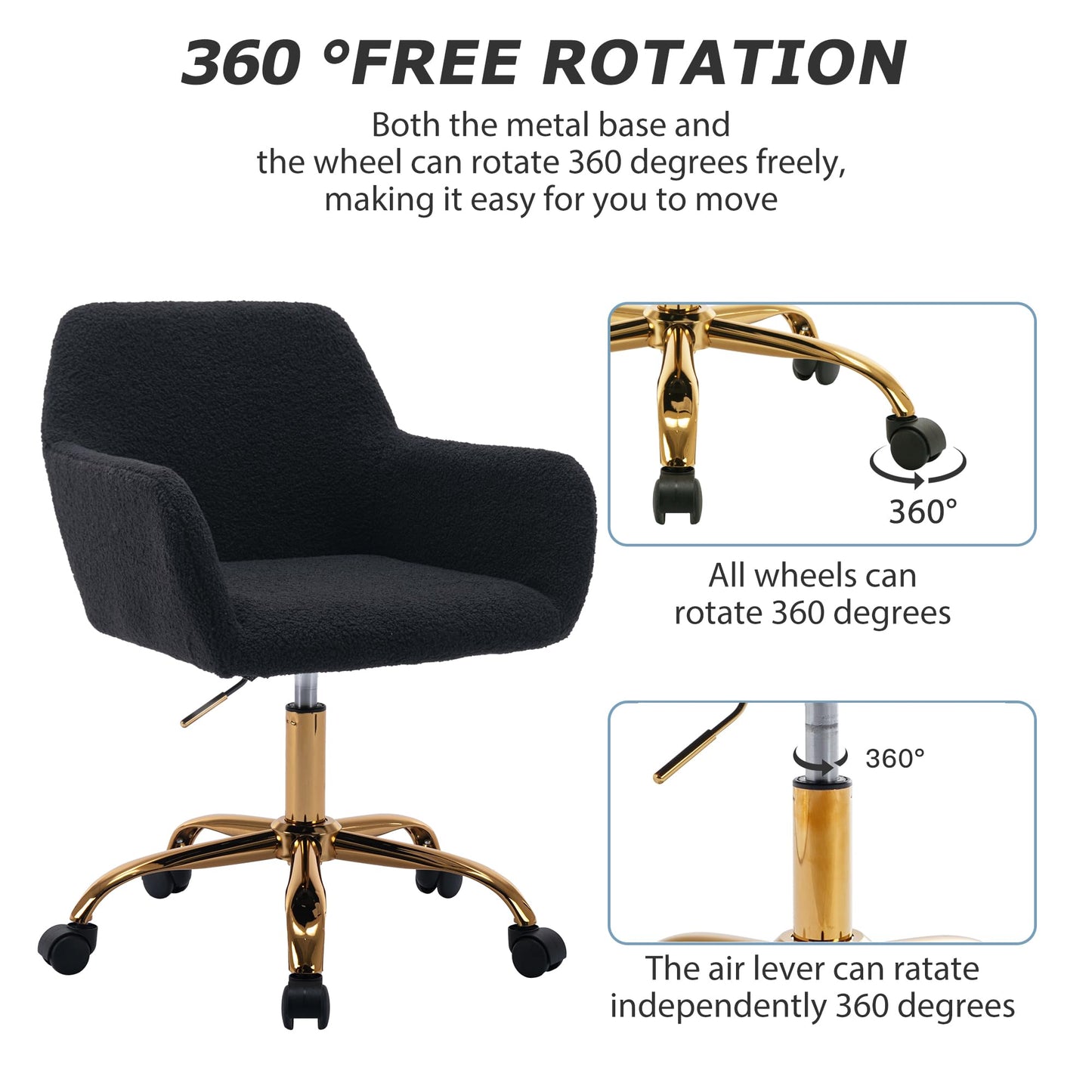 KCC Faux Fur Office Desk Chair, Comfy Swivel Armchair with Wheels, Upholstered Fuzzy Vanity Chair, Adjustable Seat Height, Black